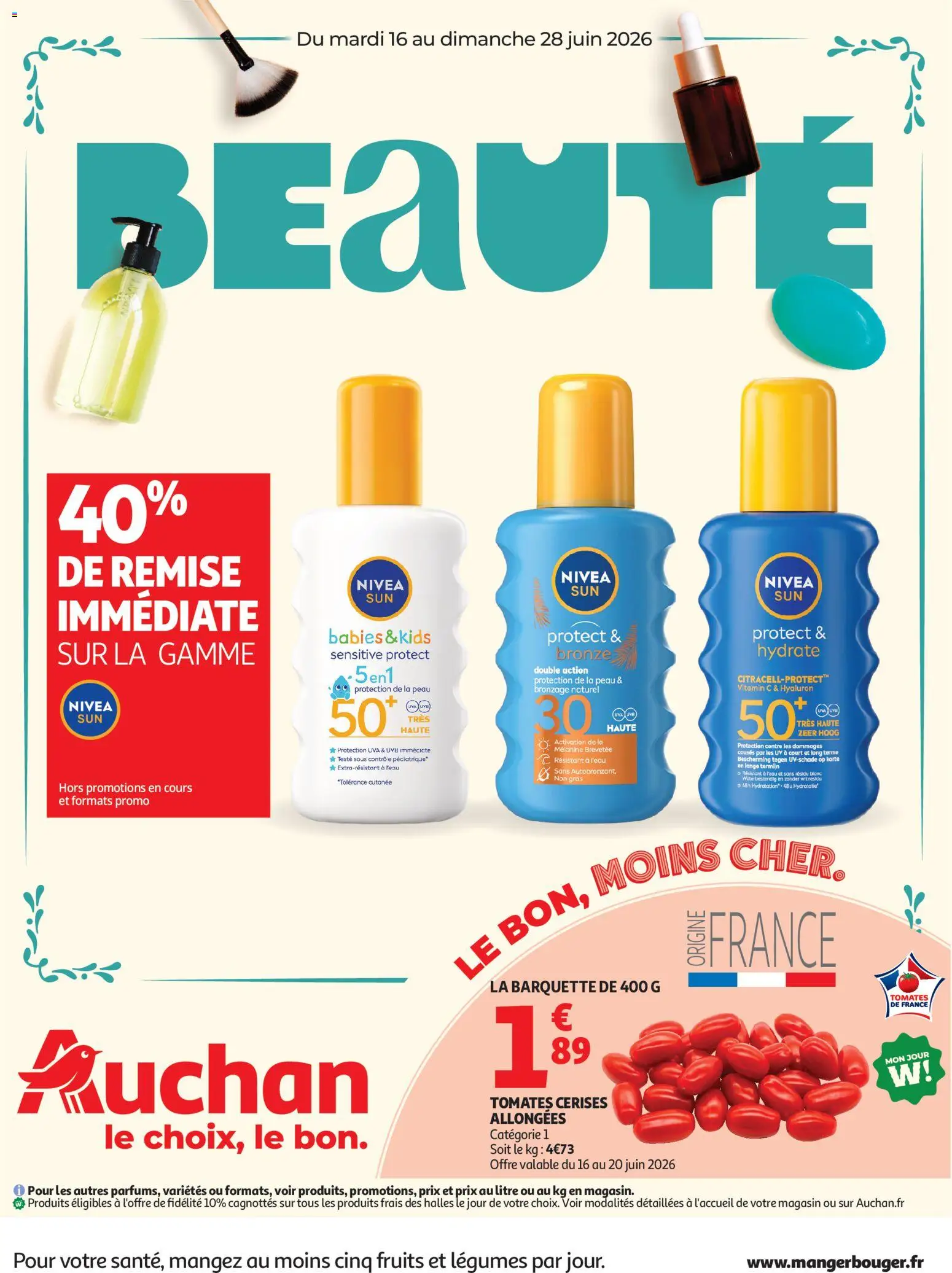 Prévisualisation de Auchan Beauté, Halles hypers du magasin Auchan formulaire valide 16/06/2026 - Fruits, Tomates, Cerises, Tomates cerises