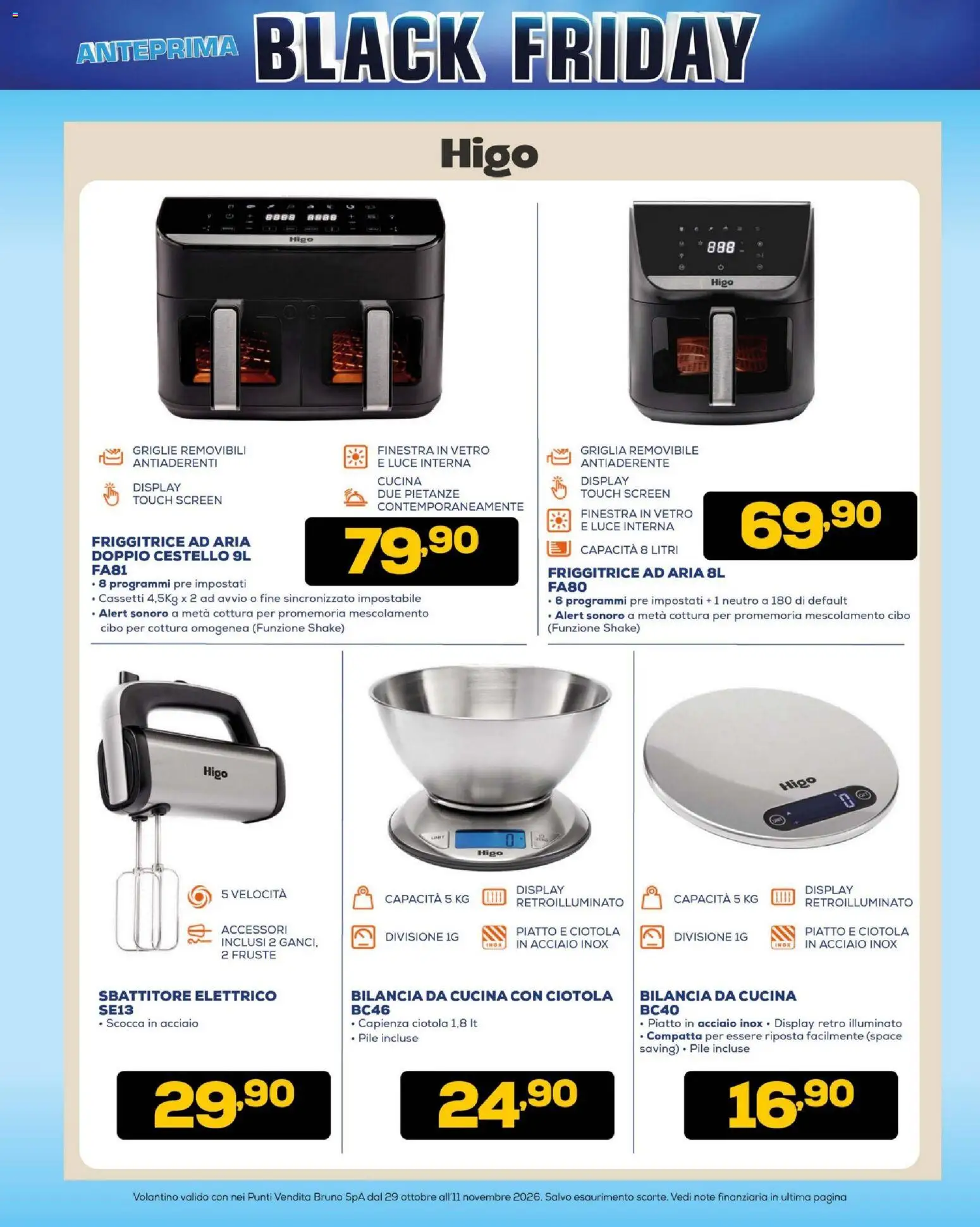 Anteprima dell'opuscolo BRUNO Black Friday dal negozio BRUNO valido da 29/10/2026 - Friggitrice ad aria, Bilancia, Piatto, Griglia, Pile, Friggitrice, Ciotola, Sbattitore