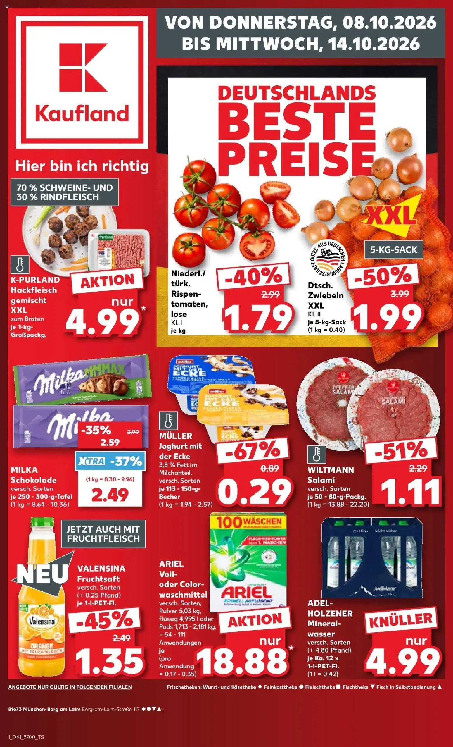 Vorschau von dem Prospekt des Geschäftes Kaufland, gültig ab dem 08.10.2026 - Wasser, Schokolade, Wurst, Joghurt, Salami, Waschmittel, Rindfleisch, Valensina