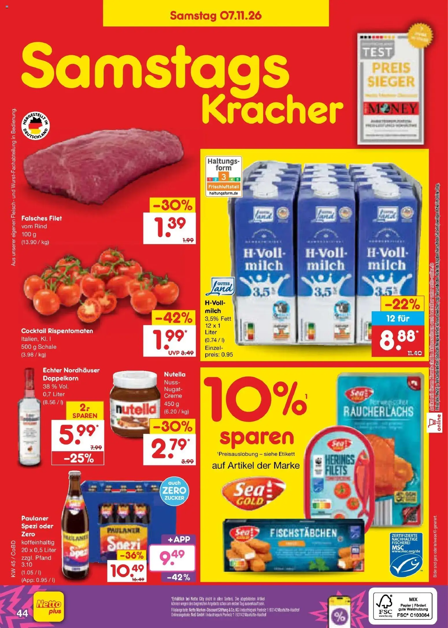 Vorschau von dem Prospekt des Geschäftes Netto Marken-Discount, gültig ab dem 02.11.2026 - Nutella, Milch, Paulaner spezi, Zucker, Paulaner, Räucherlachs, Fischstabchen, Milch 3,5%