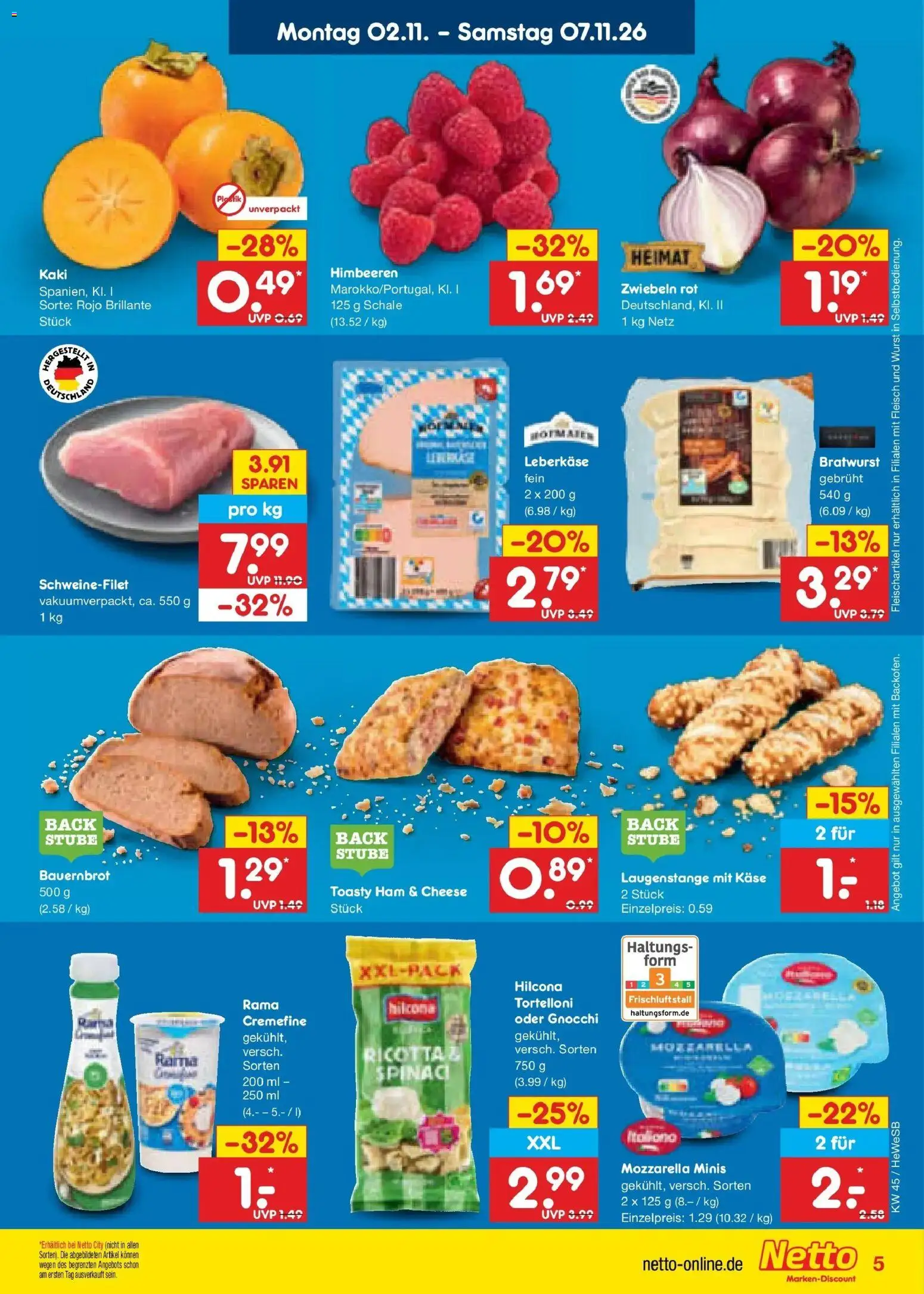 Vorschau von dem Prospekt des Geschäftes Netto Marken-Discount, gültig ab dem 02.11.2026 - Käse, Gnocchi, Bratwurst, Himbeeren, Fleisch, Rama, Rama cremefine, Leberkase