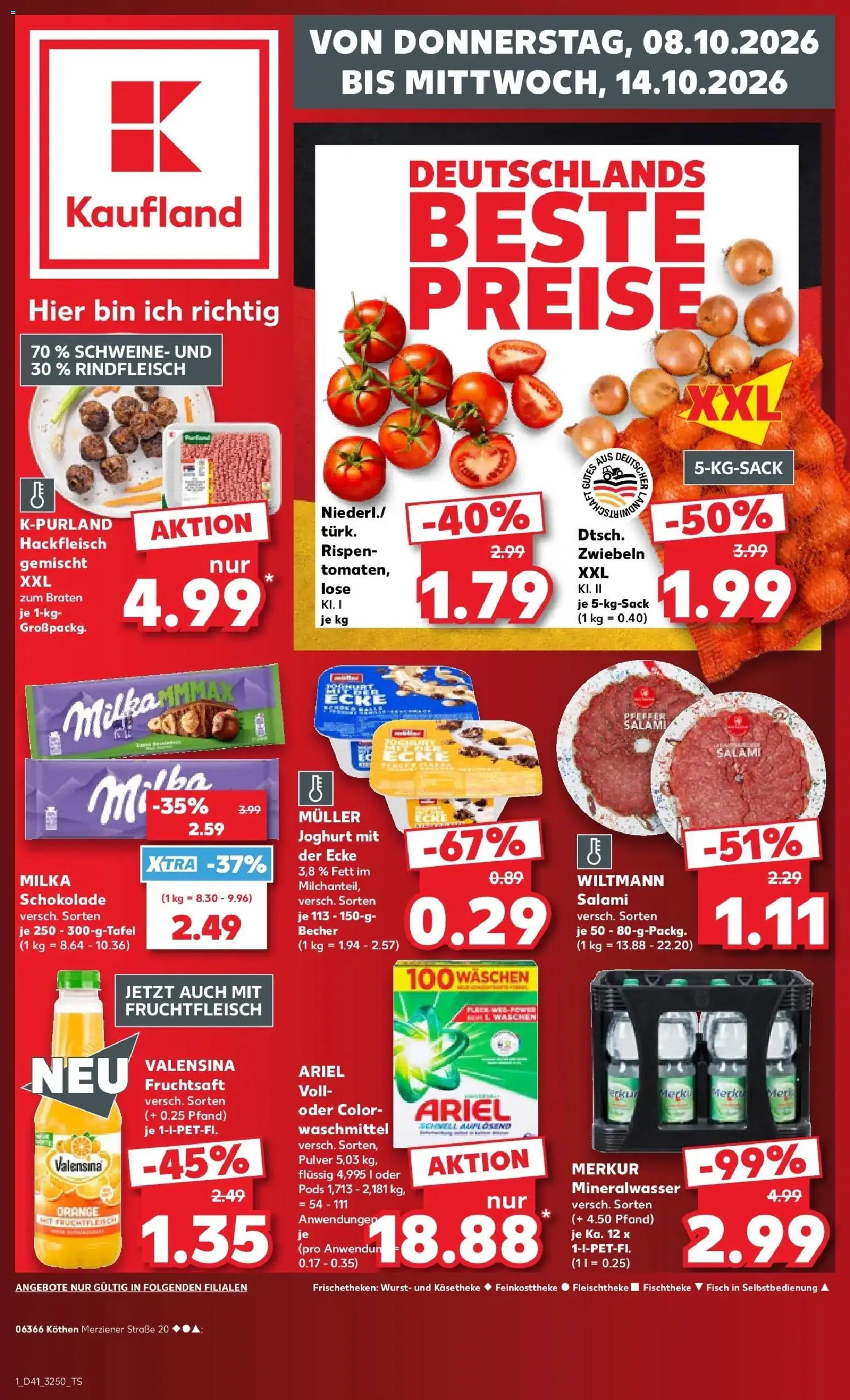 Vorschau von dem Prospekt des Geschäftes Kaufland, gültig ab dem 08.10.2026 - Schokolade, Mineralwasser, Hackfleisch, Milka, Salami, Waschmittel, Rindfleisch, Valensina