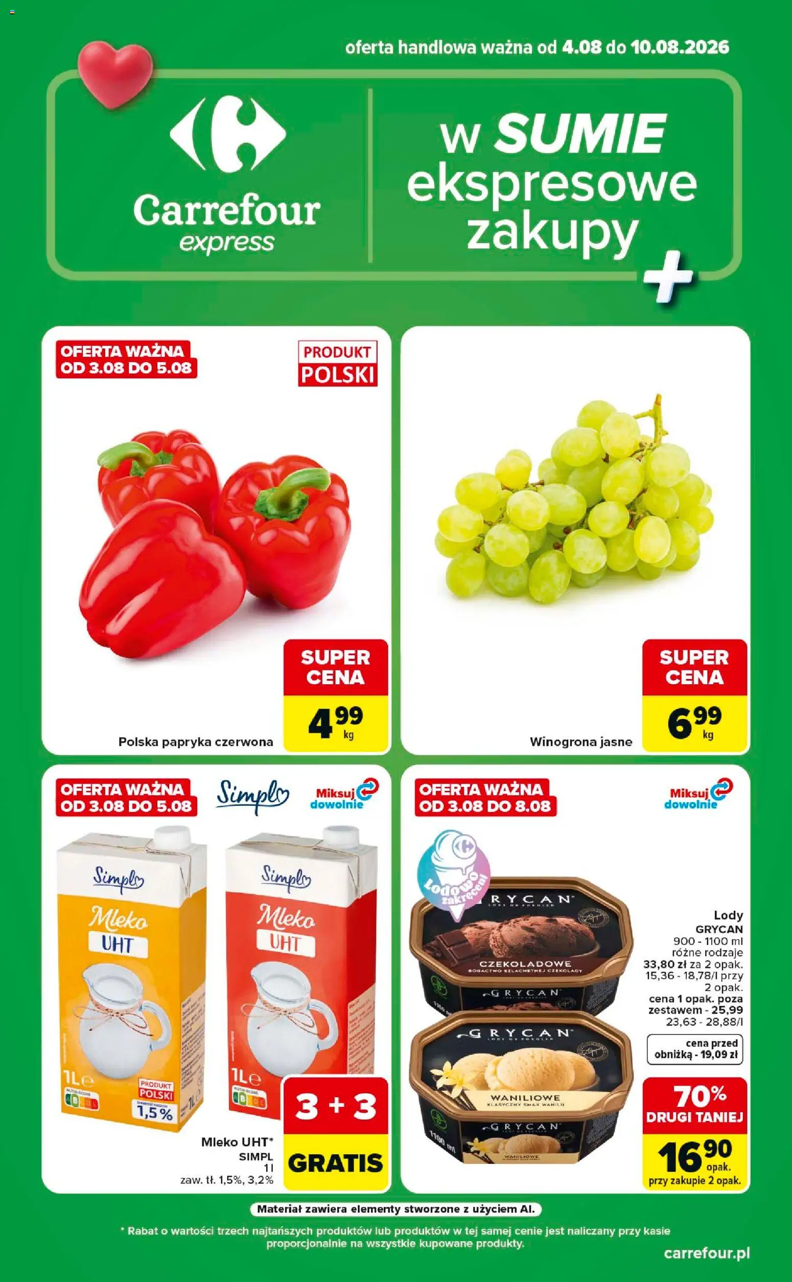 Pogląd gazetki "Carrefour gazetka - Express" ze sklepu Carrefour ważnej od 04.08.2026 - Lody, Czekolady, Mleko, Grycan, Papryka, Winogrona, Lody Grycan, Papryka czerwona
