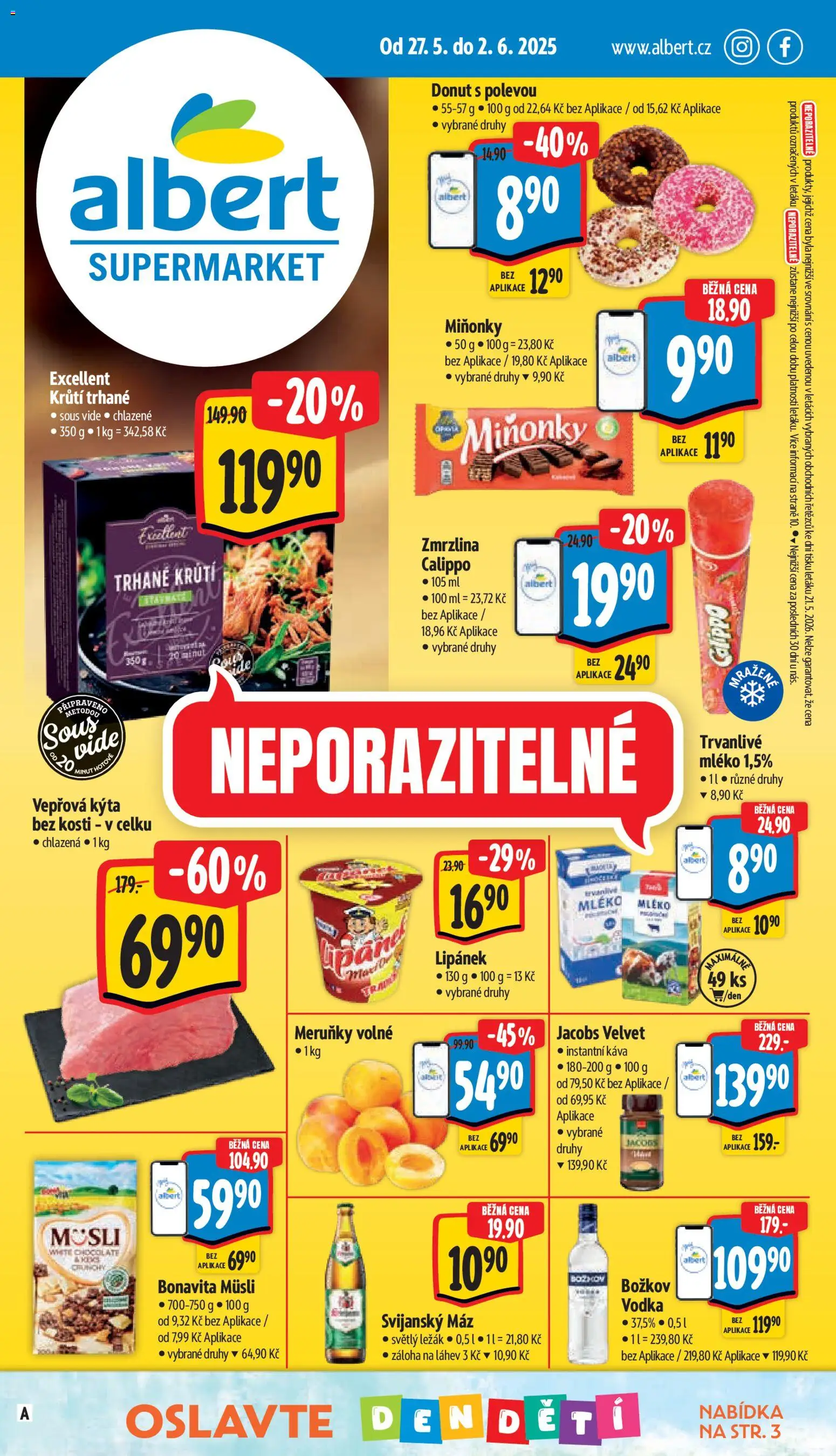 Náhled nabídky: Albert Albert leták - Supermarket platný od 27.05.2026 - Donut, Vepřová Kýta, Velvet, Instantní káva, Láhev, Jacobs, Müsli, Jacobs velvet