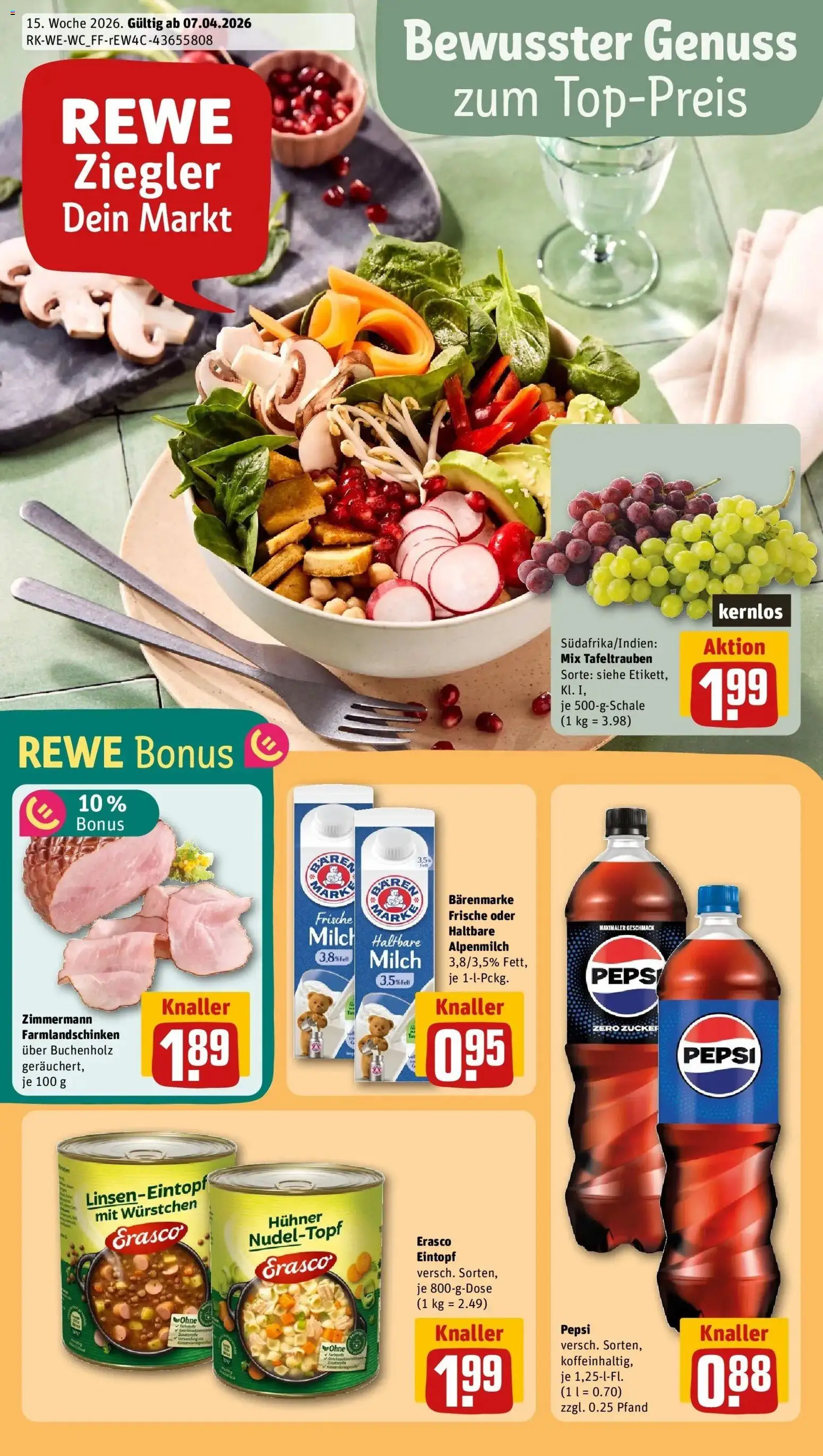 Vorschau von dem Prospekt des Geschäftes Rewe, gültig ab dem 05.04.2026 - Cola, Milch, Zucker, Pepsi, Erasco