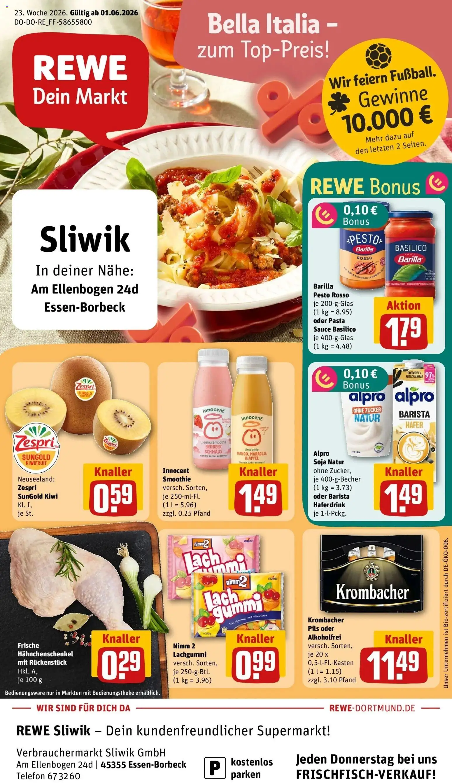 Vorschau von dem Prospekt des Geschäftes Rewe, gültig ab dem 01.06.2026 - Telefon, Pasta, Krombacher, Zucker, Hahnchenschenkel, Barilla pesto, Alpro, Pils