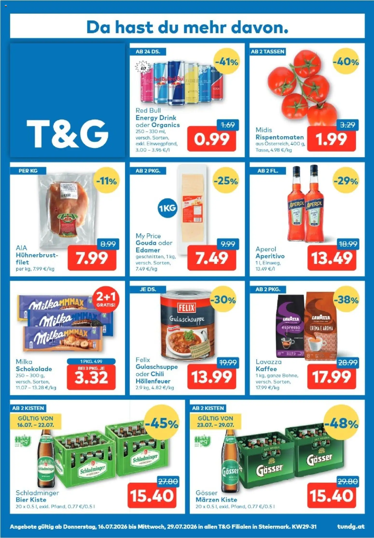 Vorschau der Angebote: T&G T&G Steiermark gültig ab 16.07.2026 - Kaffee, Schokolade, Bier, Aperol, Chili