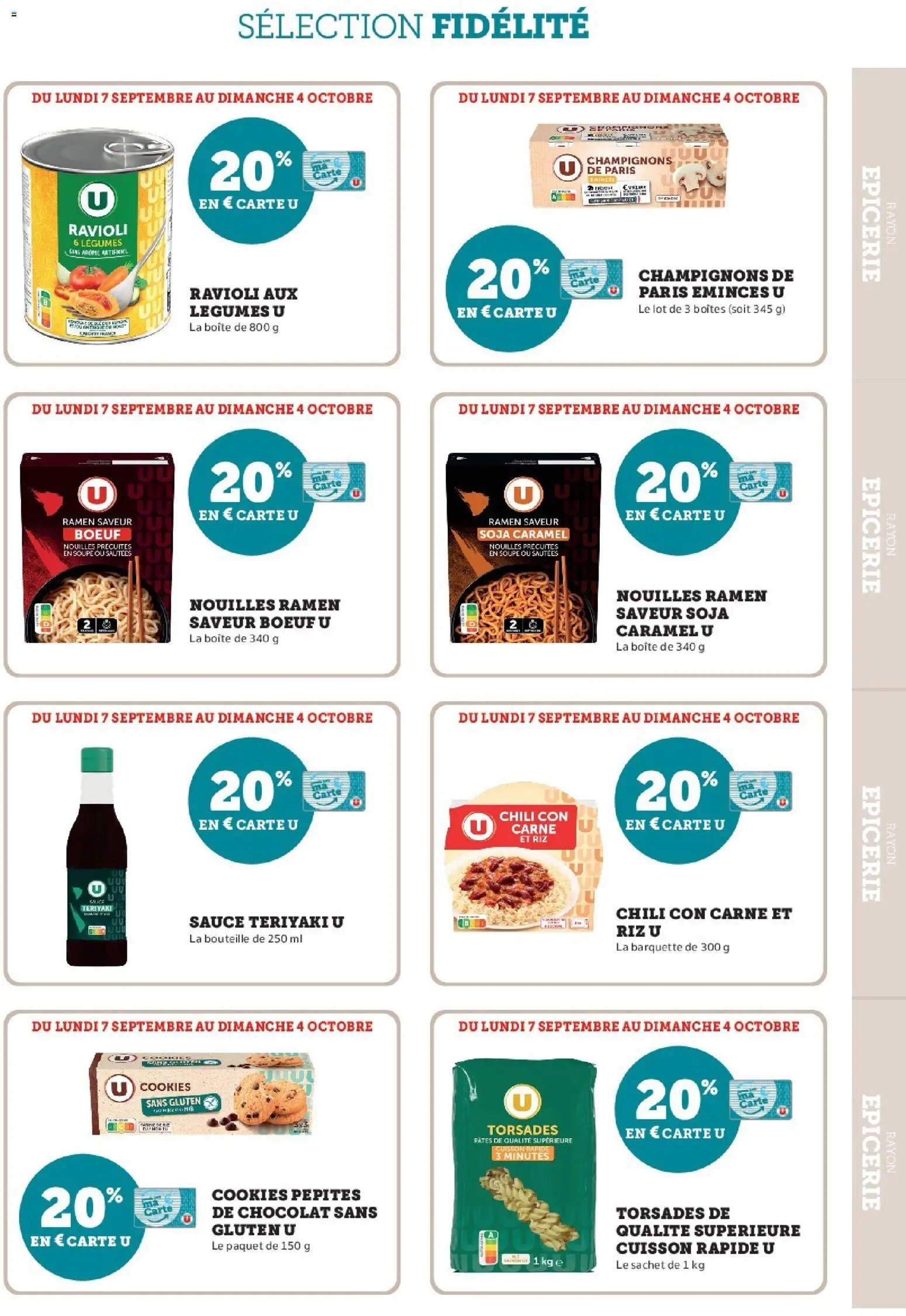 Prévisualisation de Super U - Ma sélection Carte U Septembre du magasin Super U formulaire valide 07/09/2026 - Cookies, Chocolat, Ravioli, Champignons, Bouteille, Pépites de chocolat, Cookies pepites de chocolat, Nouilles ramen