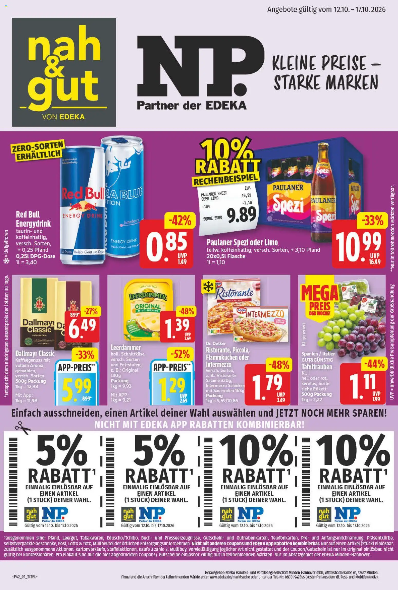 Vorschau von dem Prospekt des Geschäftes NP Discount, gültig ab dem 12.10.2026 - Red bull, Paulaner spezi, Dallmayr, Paulaner, Ristorante, Energy, Sauerrahm, Leerdammer