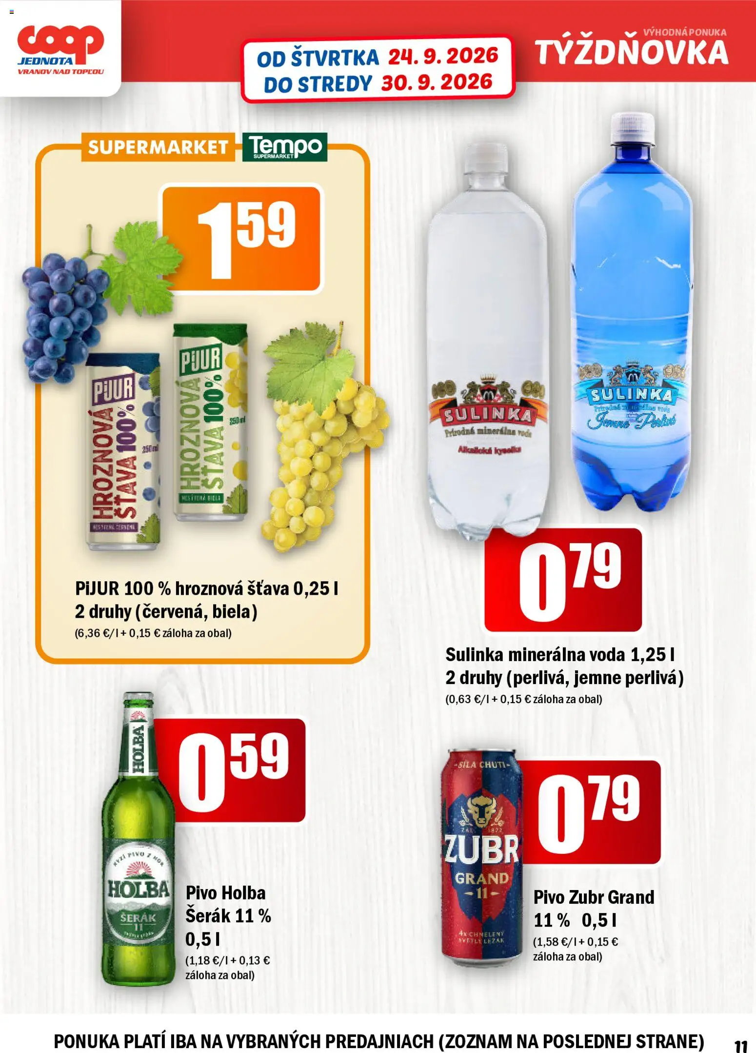 Náhľad COOP Jednota letáku platného od 24.09.2026 - Voda, Pivo, Sulinka, Minerálna voda, Šťava