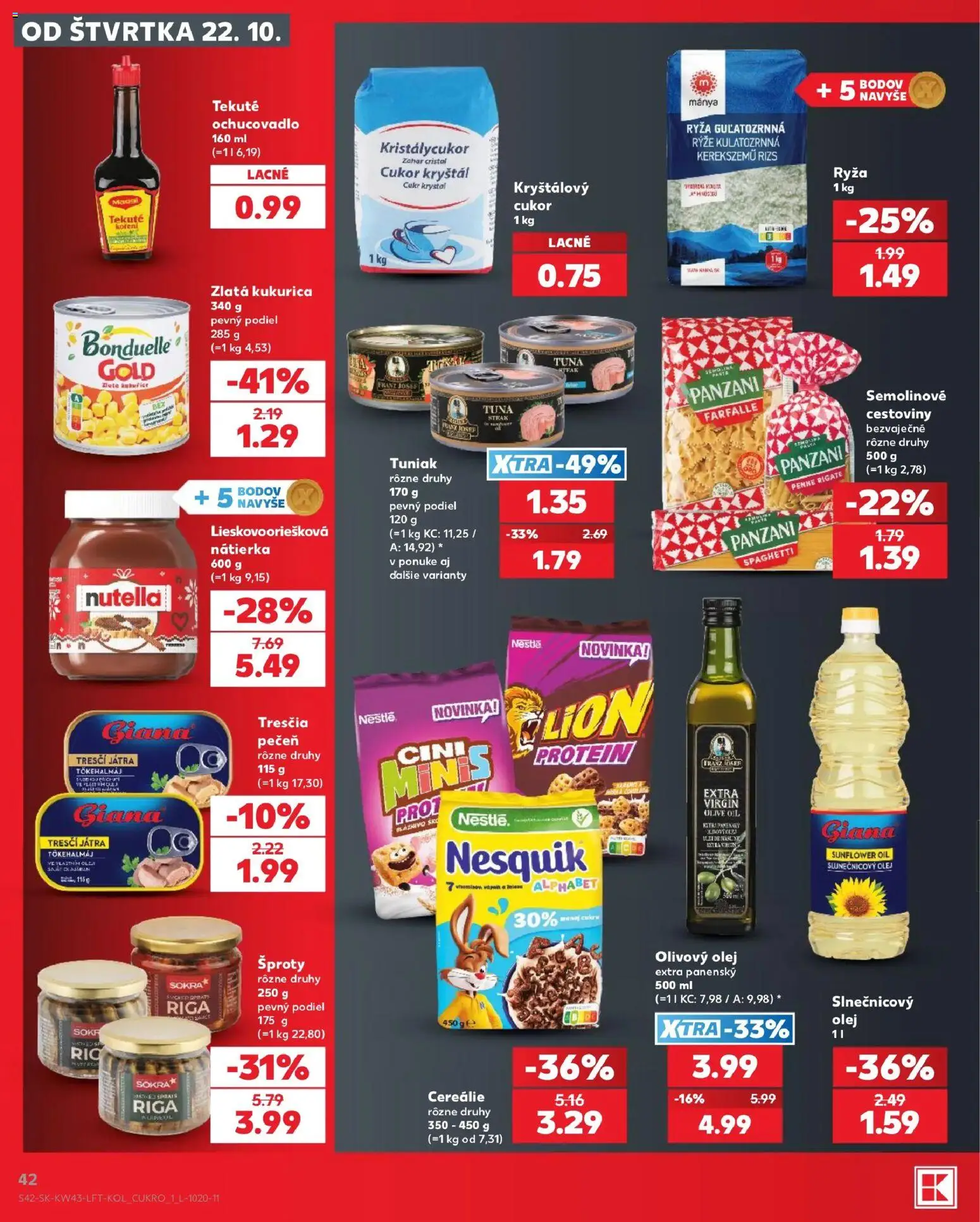 Náhľad Kaufland letáku platného od 22.10.2026 - Protein, Pečeň, Olej, Tuniak, Ryža, Nátierka, Cereálie, Cukor kryštál