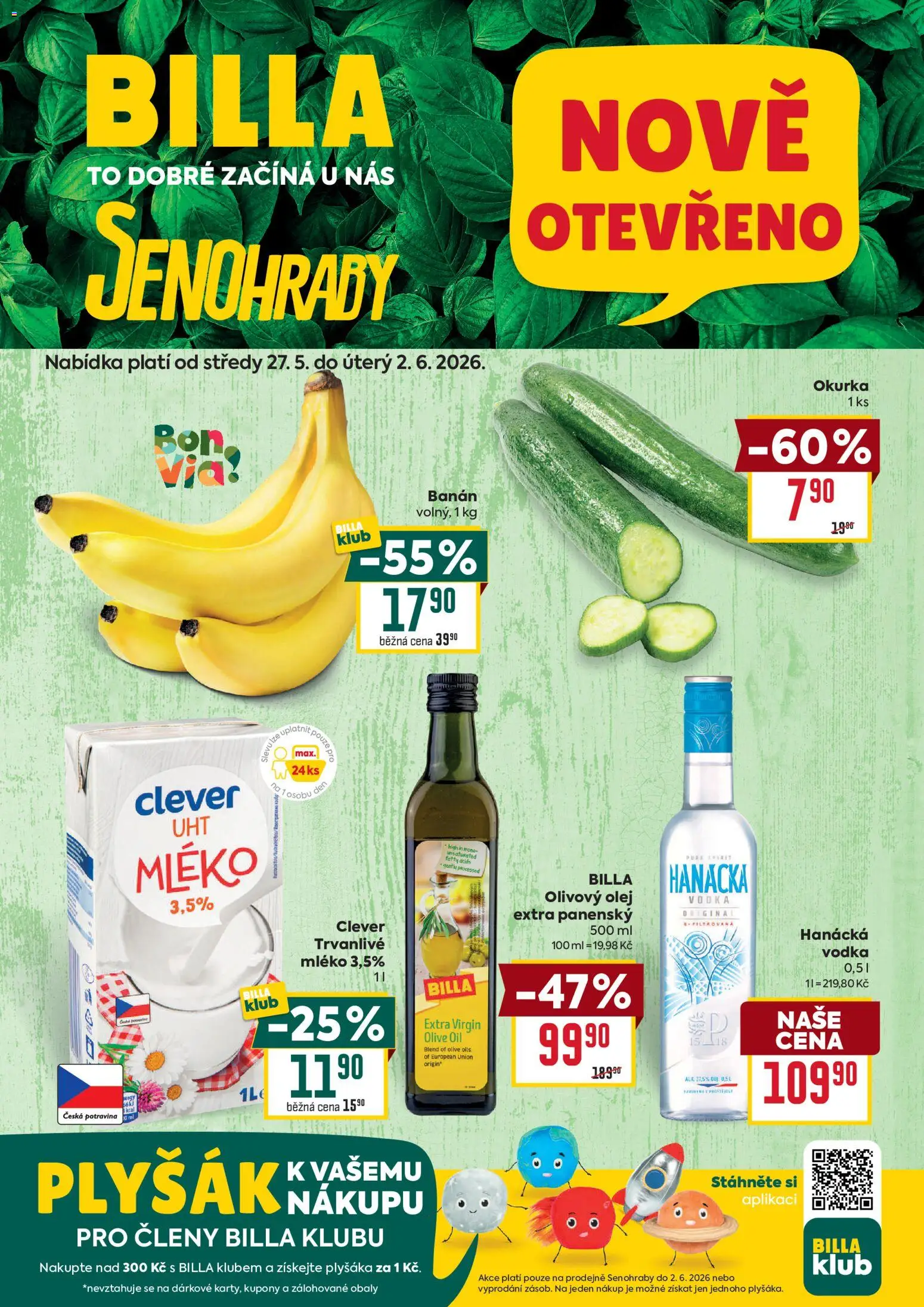 Náhled nabídky: Billa Billa leták - Senohraby platný od 27.05.2026 - Mléko, Vodka, Olej, Banán, Olivový olej, Plyšák, Okurka, Clever