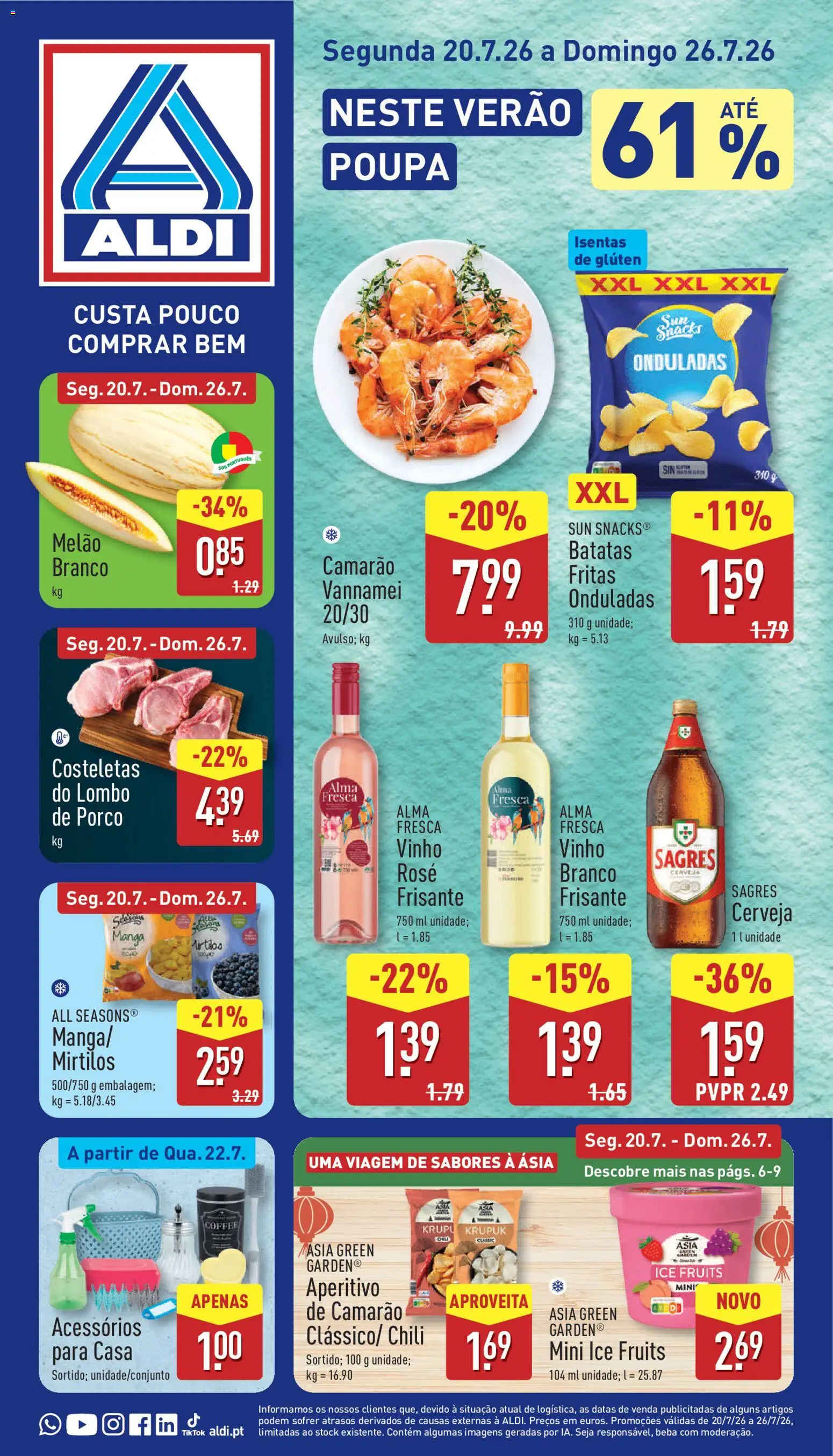 Pré-visualização do folheto da loja Aldi válida a partir de 20/07/2026 - Manga, Camarão, Lombo de porco, Mirtilos, Vinho rosé, Vinho branco, Lombo, Melão