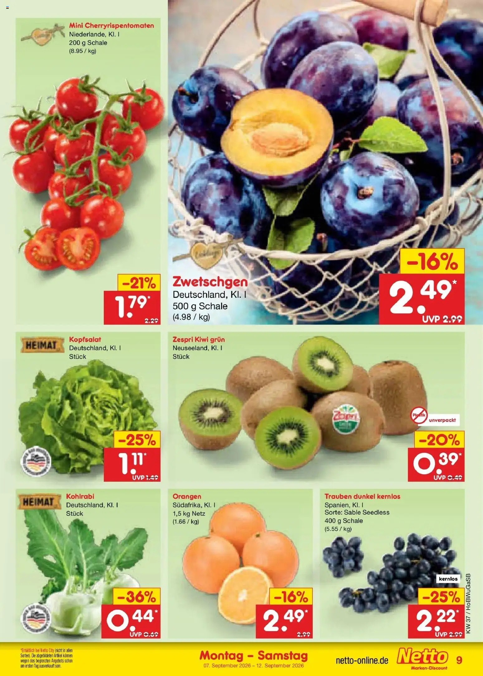 Vorschau von dem Prospekt des Geschäftes Netto Marken-Discount, gültig ab dem 07.09.2026 - Kohlrabi, Kiwi, Trauben, Zwetschgen, Orangen