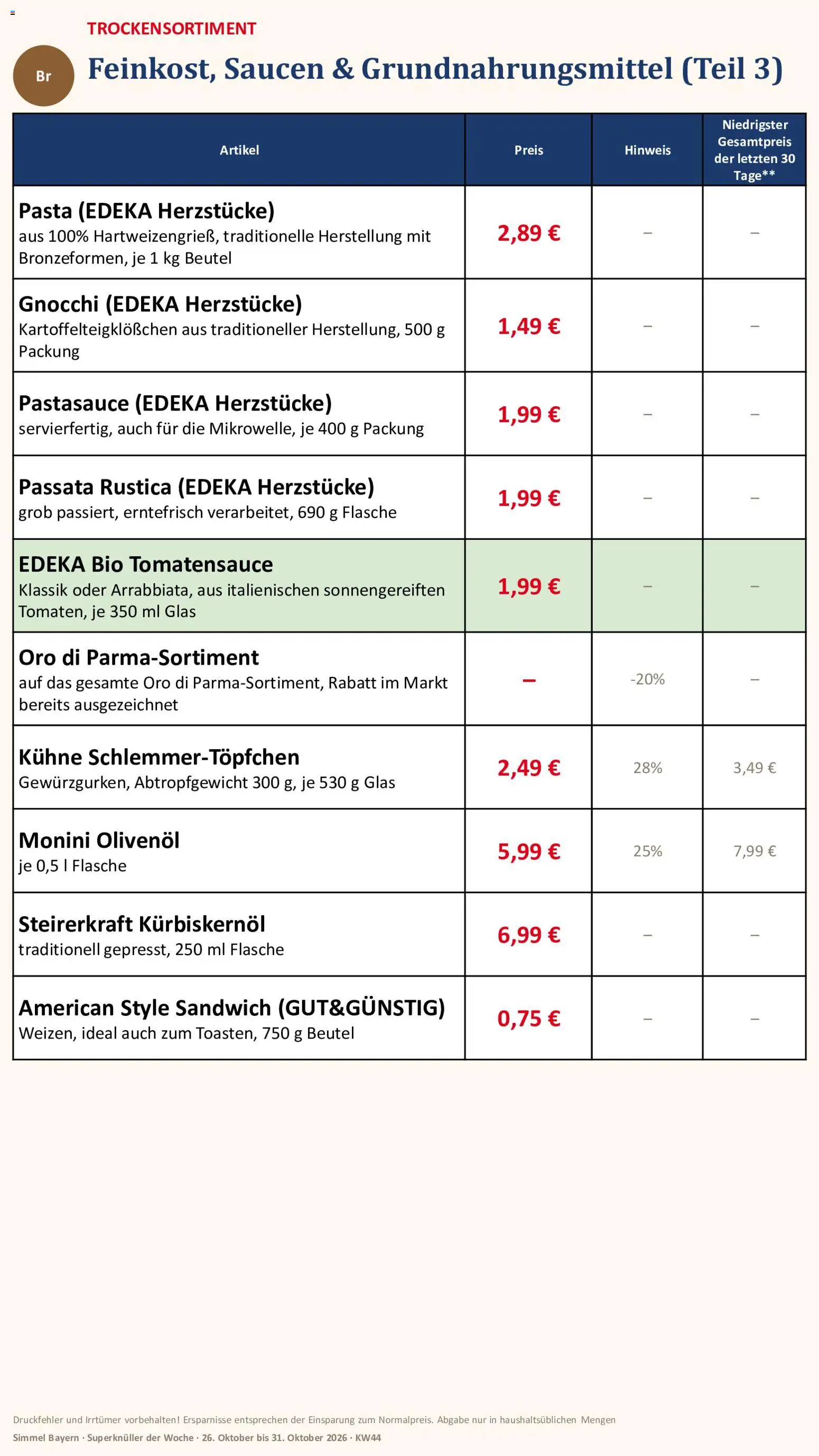 Vorschau von dem Prospekt des Geschäftes Simmel, gültig ab dem 26.10.2026 - Pasta, Gnocchi, Kürbiskernöl, Olivenol