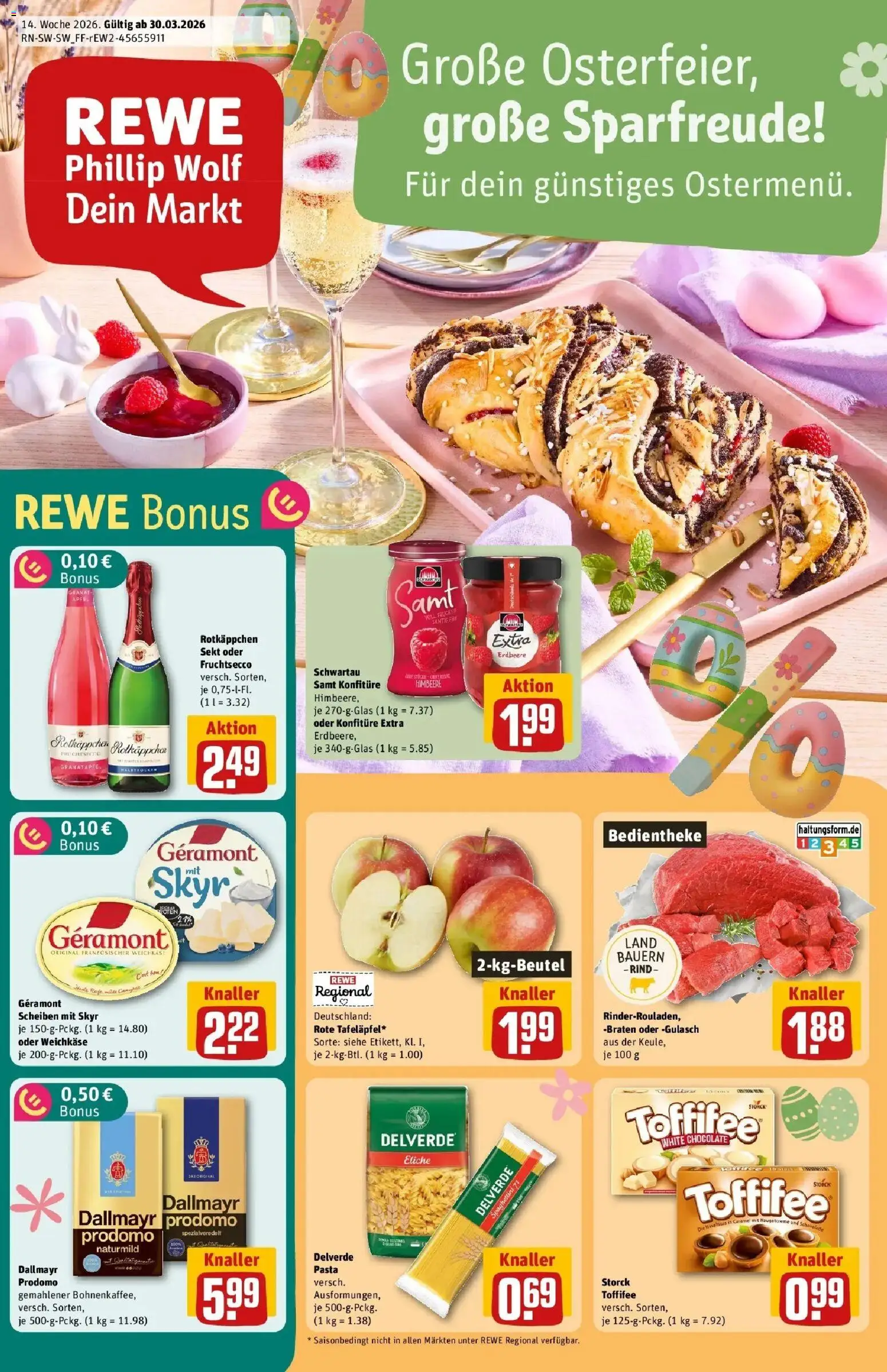 Vorschau von dem Prospekt des Geschäftes Rewe, gültig ab dem 30.03.2026 - Äpfel, Gulasch, Granatapfel, Himbeere, Rotkäppchen, Toffifee, Fruchtsecco, Schwartau samt