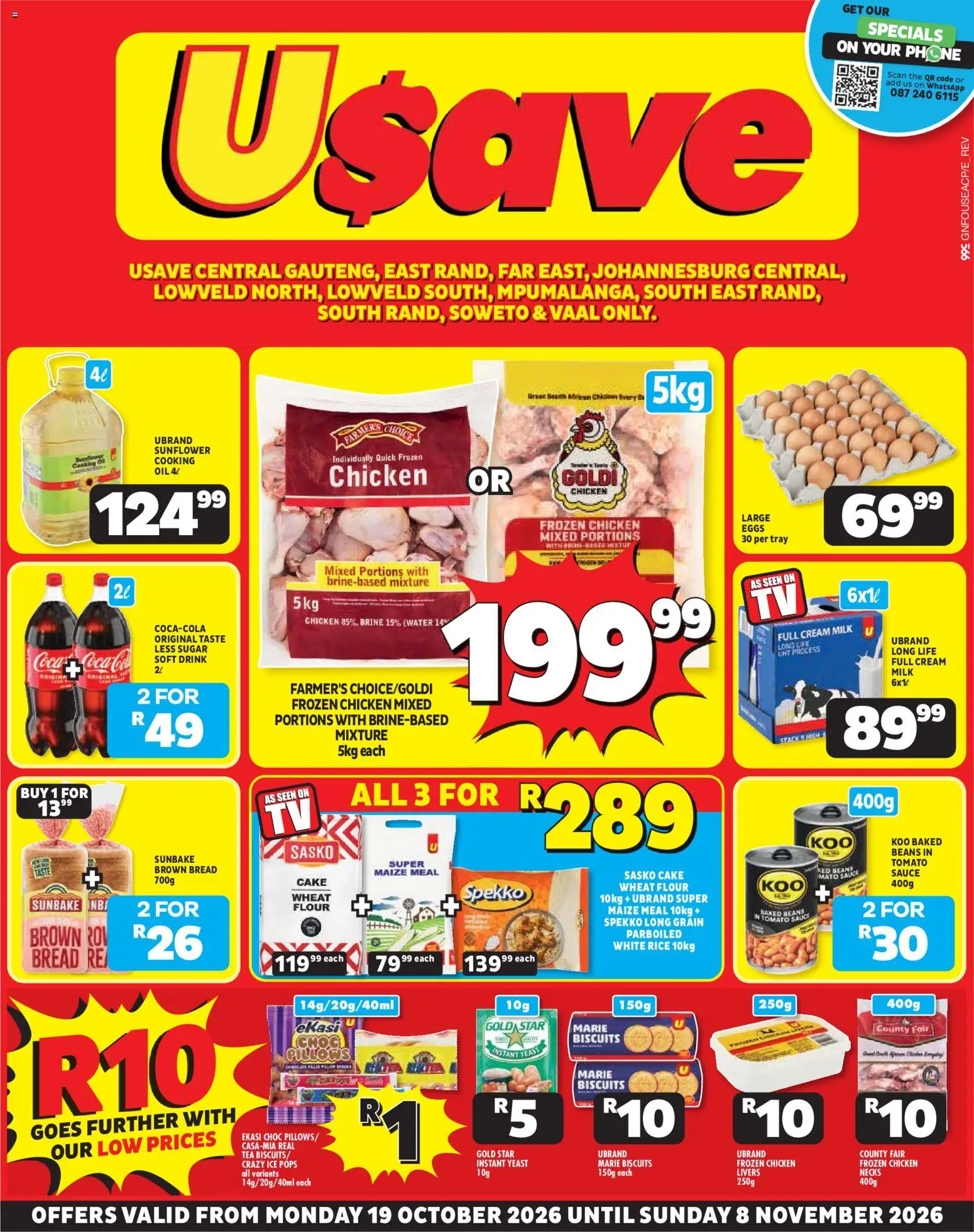 Preview of Usave flyer valid from 19/10/2026 - Water, Phone, Chicken, Eggs, Milk, Oil, Biscuits, Tray