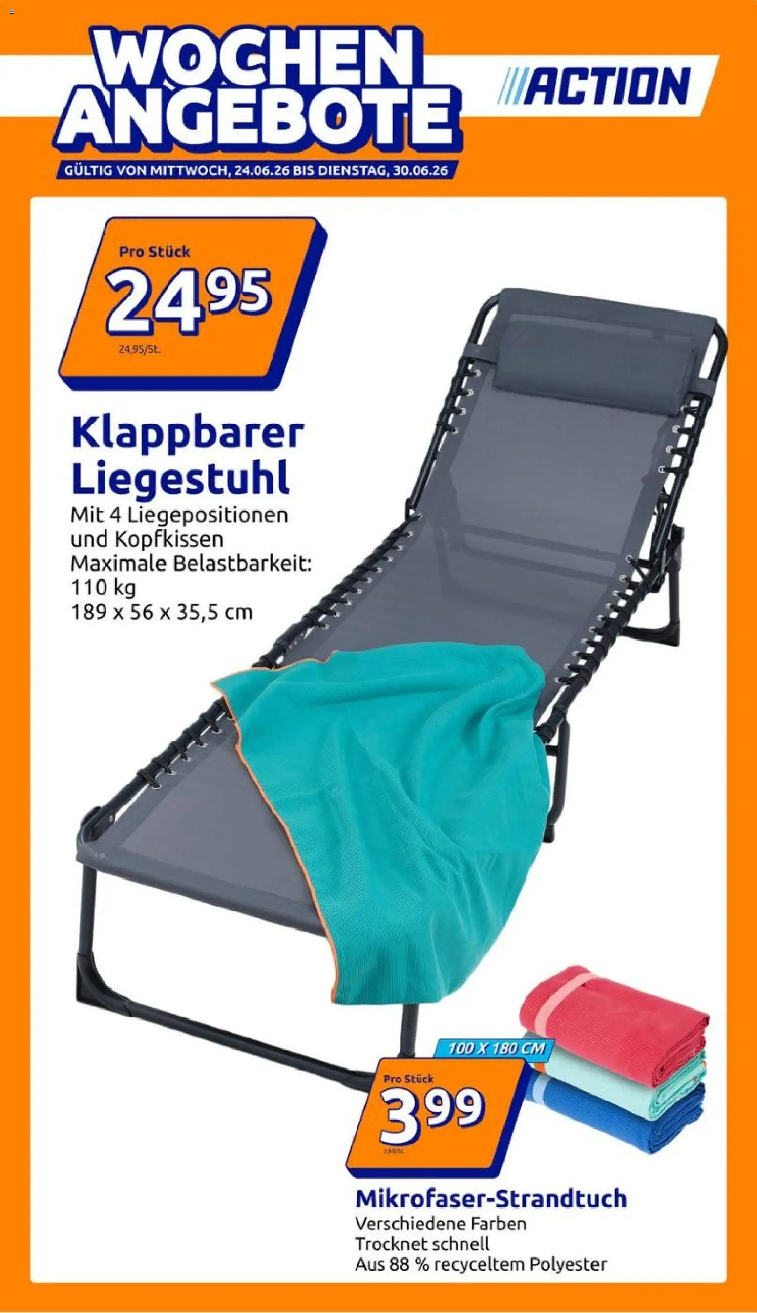 Vorschau von dem Prospekt des Geschäftes Action, gültig ab dem 24.06.2026 - Liegestuhl, Kopfkissen
