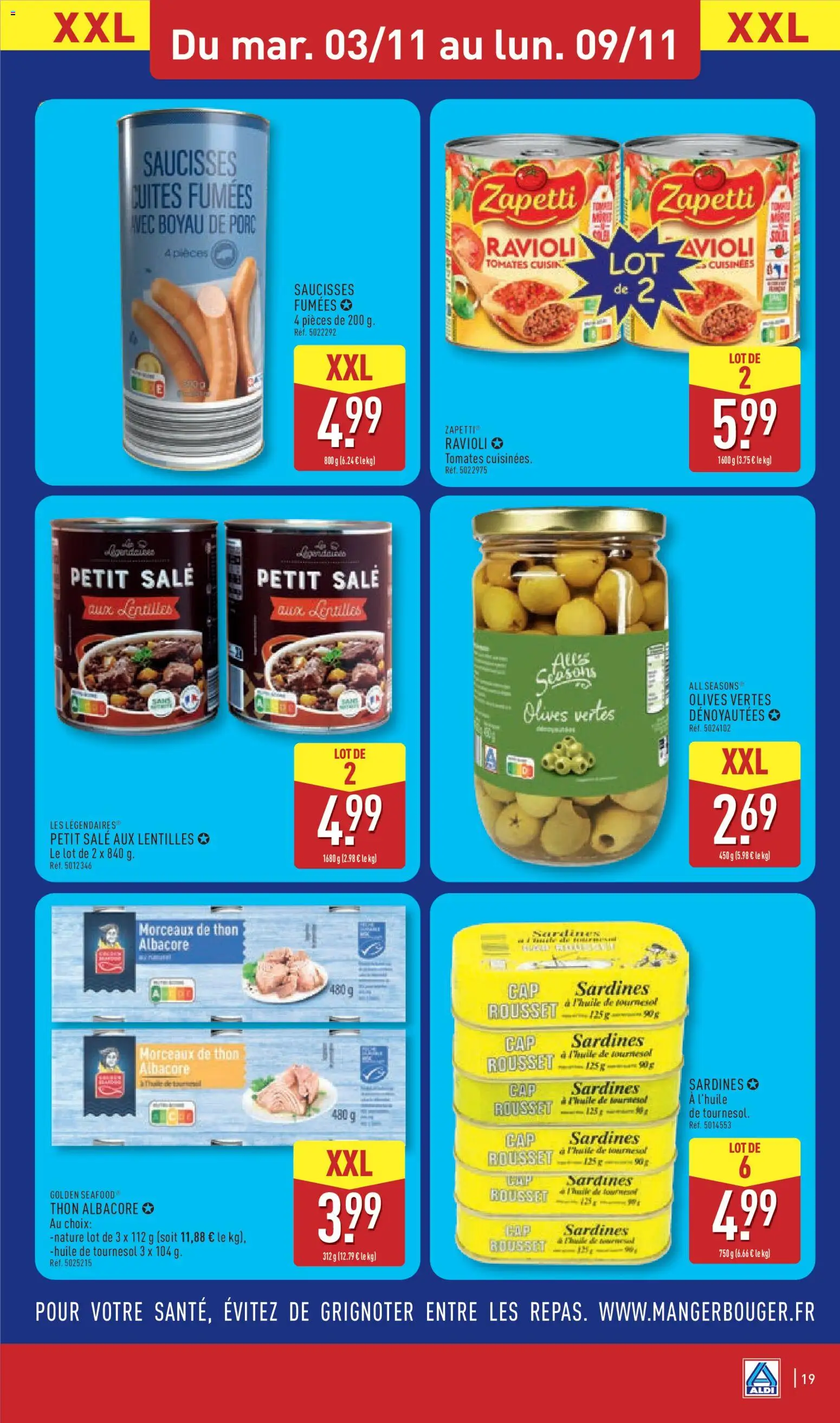 Prévisualisation de Aldi catalogue du magasin Aldi formulaire valide 03/11/2026 - Lentilles, Thon, Sardines, Ravioli, Saucisses, Olives, Porc, Huile de tournesol