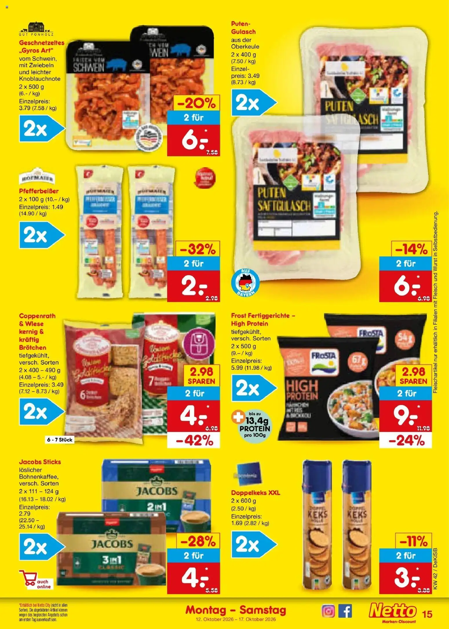 Vorschau von dem Prospekt des Geschäftes Netto Marken-Discount, gültig ab dem 12.10.2026 - Wurst, Gulasch, Wein, Fleisch, Frosta, Zwiebeln, Fertiggerichte