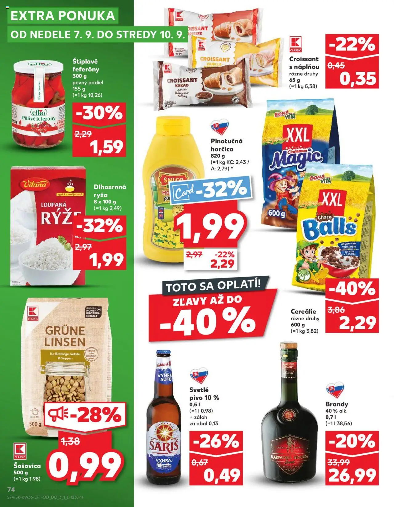 Náhľad Kaufland letáku platného od 04.09.2025 - Protein, Croissant, Ryža, Kakao, Brandy, Šošovica, Karpatské brandy, Cereálie