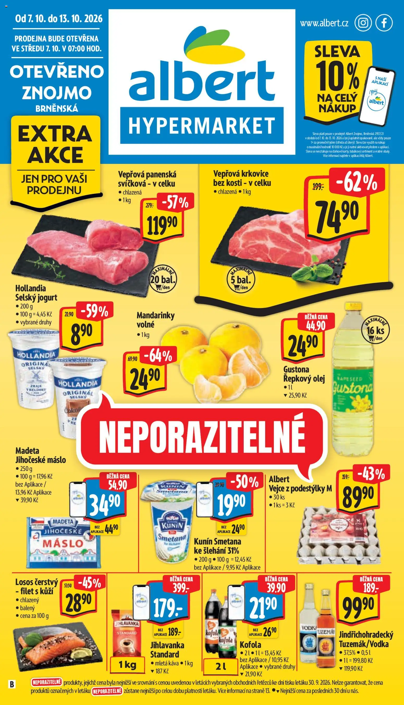 Náhled nabídky: Albert Albert leták - Hypermarket - Znojmo platný od 07.10.2026 - Máslo, Káva, Vejce, Vodka, Smetana, Řepkový olej, Mletá káva, Madeta Jihočeské máslo