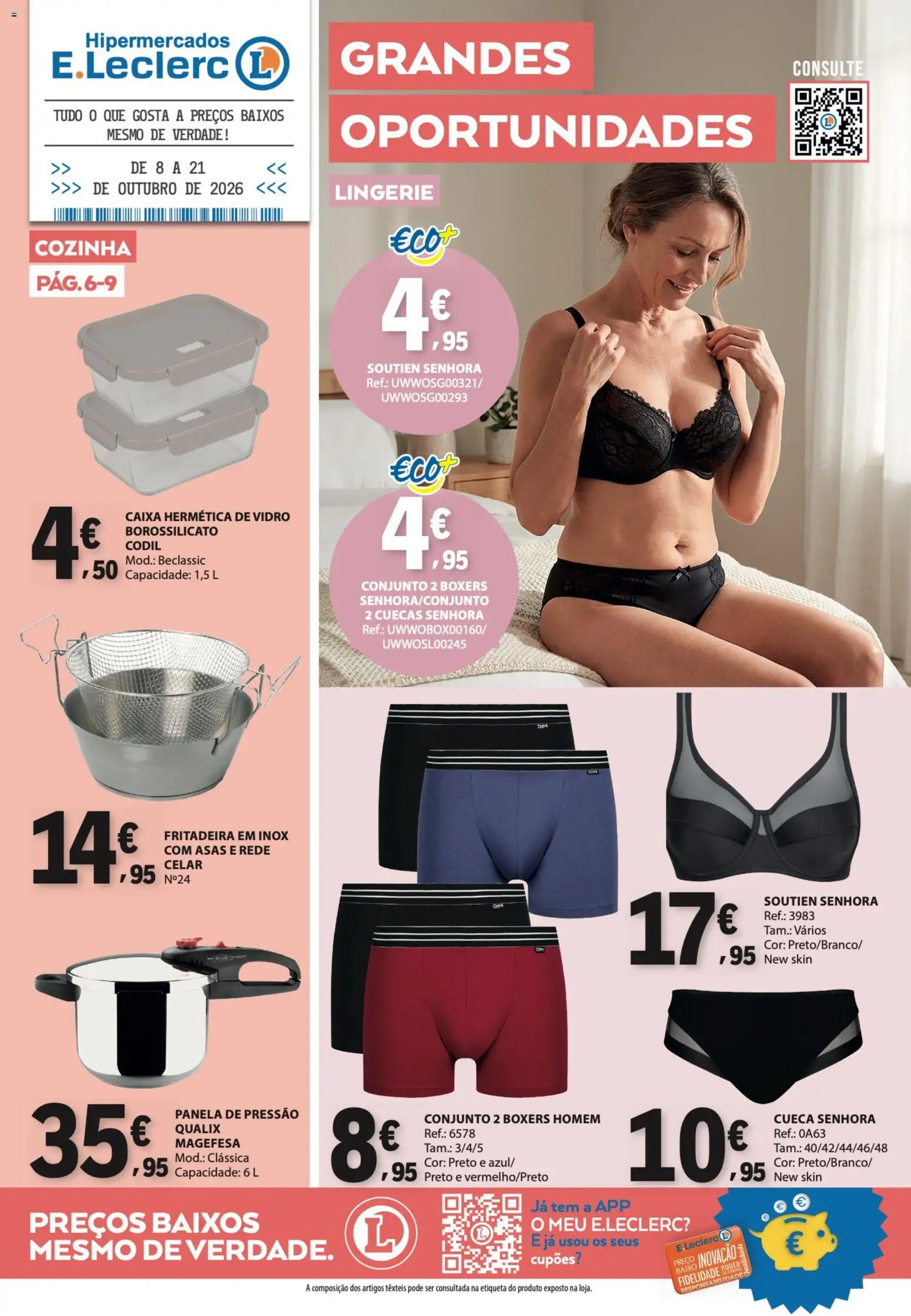 Pré-visualização do folheto da loja E.Leclerc válida a partir de 08/10/2026 - Caixa, Lingerie, Panela de pressão, Cuecas, Fritadeira, Panela