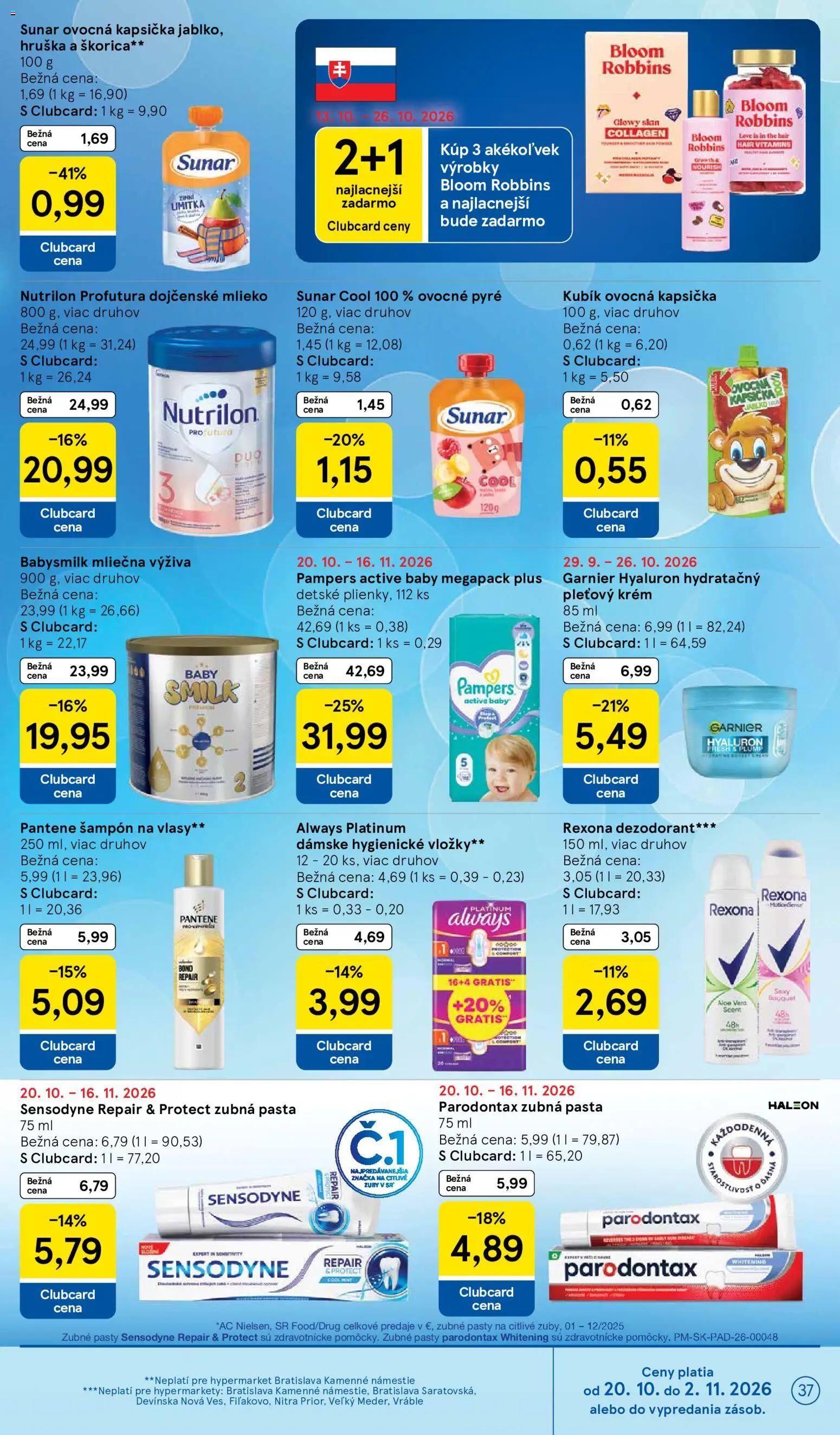 Náhľad Tesco letáku platného od 21.10.2026 - Aloe Vera, Mlieko, Dezodorant, Pampers, Sunar, Zubná pasta, Krém, Dojčenské mlieko