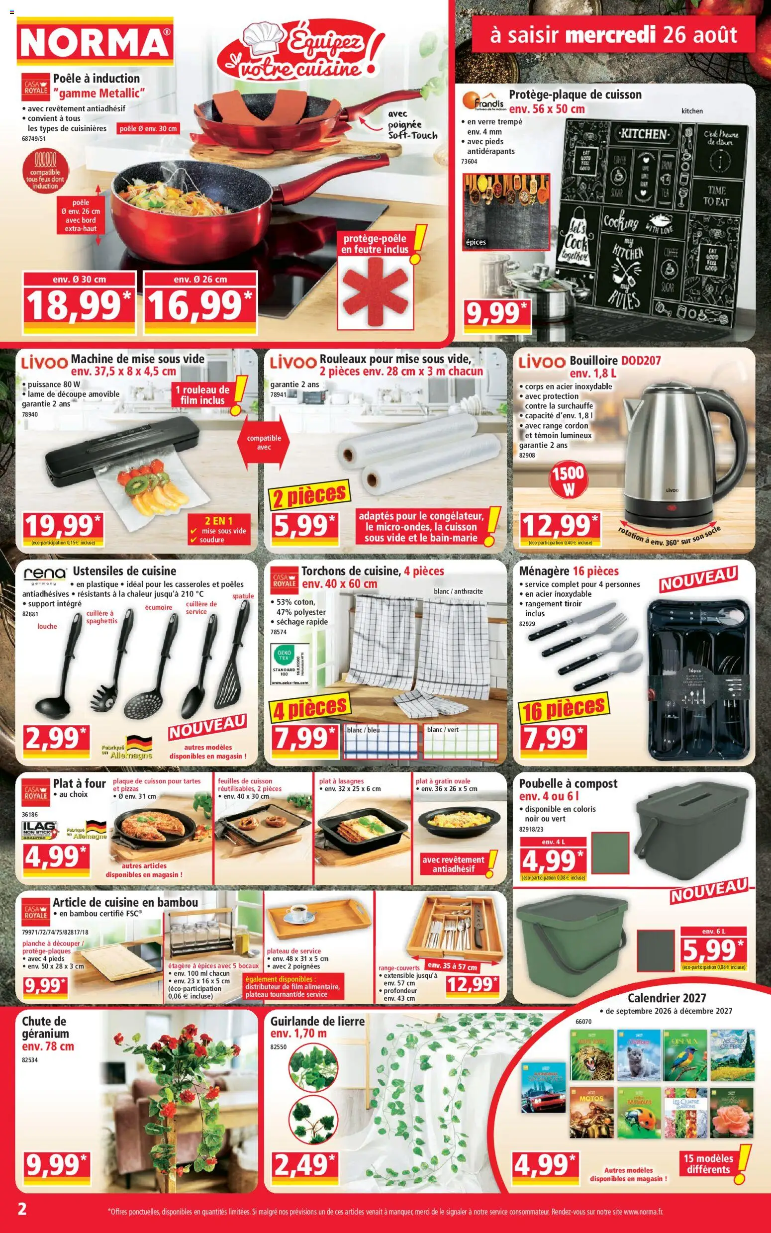 Prévisualisation de Norma catalogue du magasin Norma formulaire valide 26/08/2026 - Calendrier, Lasagnes, Poêle, Bouilloire, Casseroles, Cuillère, Spatule, Poubelle a compost