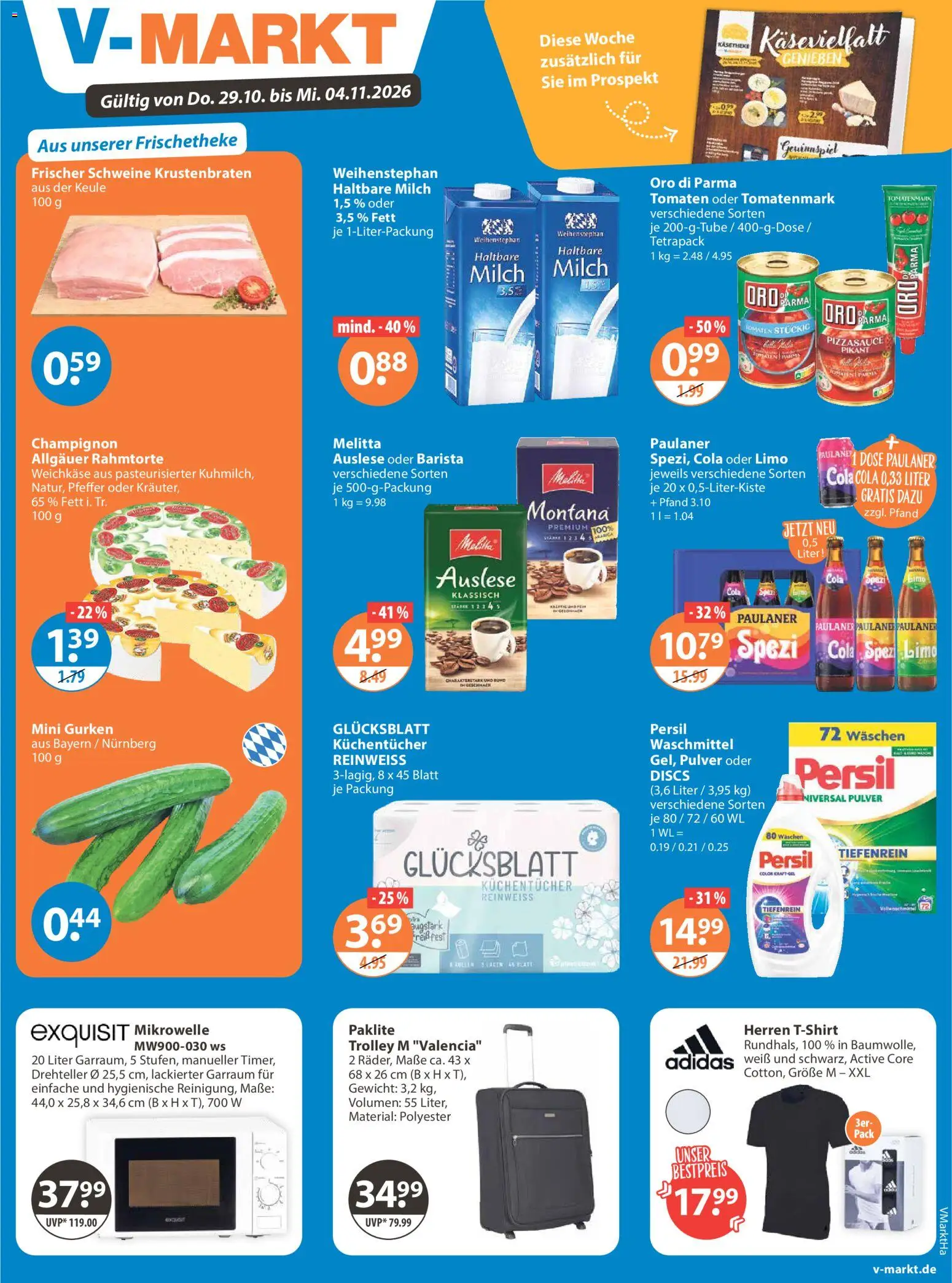Vorschau von dem Prospekt des Geschäftes V-Markt, gültig ab dem 29.10.2026 - Cola, Milch, Gurken, Krustenbraten, Tomaten, Gewicht, Persil, Oro di parma