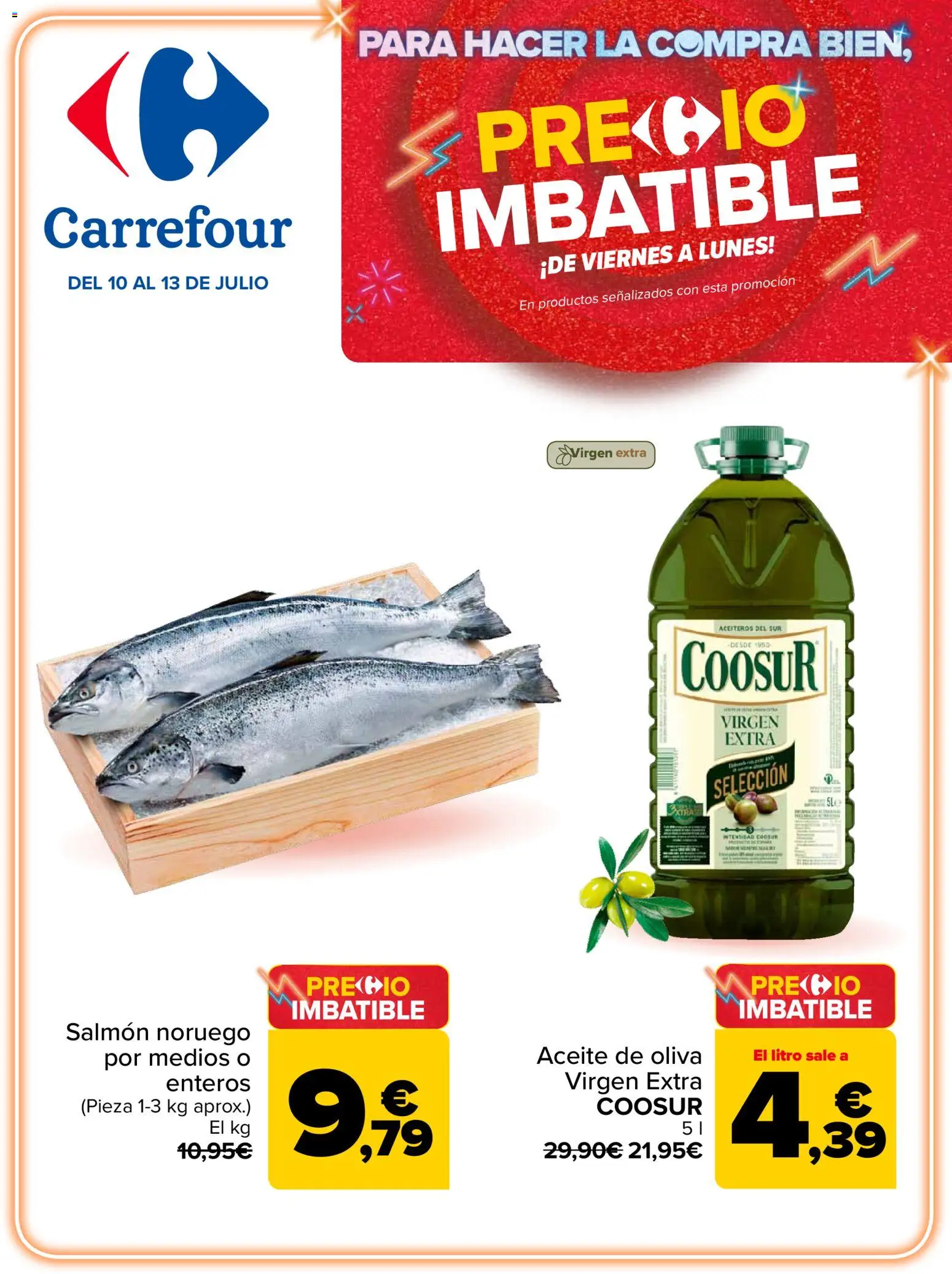 Vista previa del folleto de la tienda Carrefour válido desde el 10/07/2026 - Aceite de oliva, Aceite, Aceite de oliva virgen extra, Salmón
