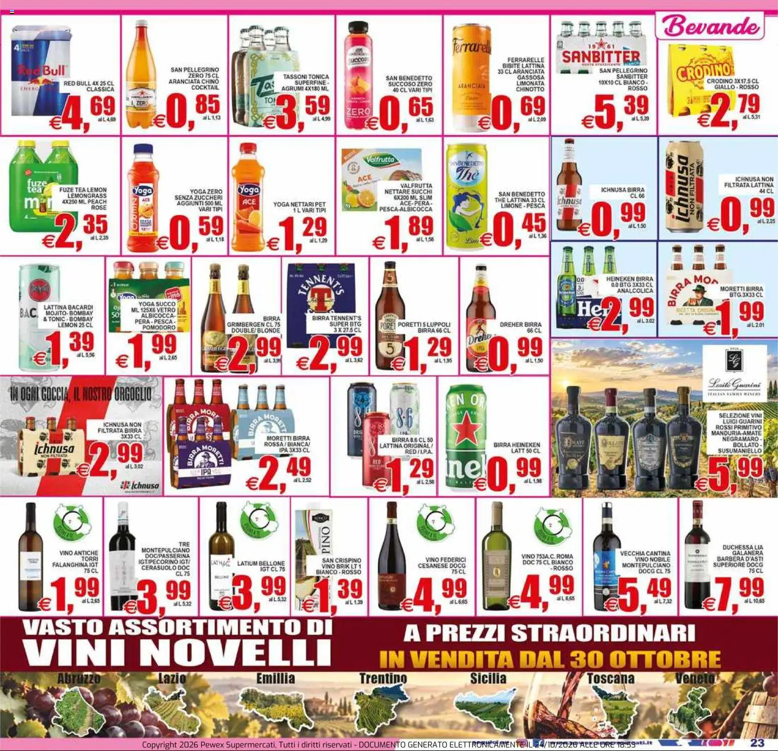 Anteprima dell'opuscolo Pewex volantino Supermercati Via Rubicone dal negozio Pewex valido da 23/10/2026 - Cocktail, Chinotto, Heineken, Bacardi, Ferrarelle, Bevande, Bibite, Birra Heineken