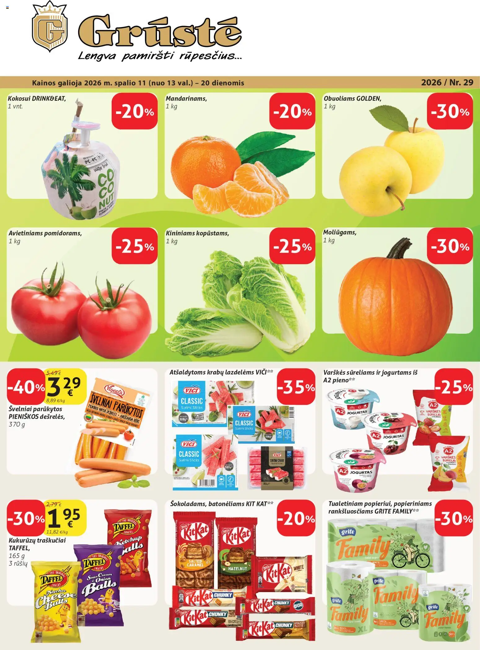GRUSTE parduotuvės leidinio GRUSTE leidinys galiojančio nuo 2026.10.11 peržiūra - Jogurtas, Surimi, Traškučiai, Sūrelis