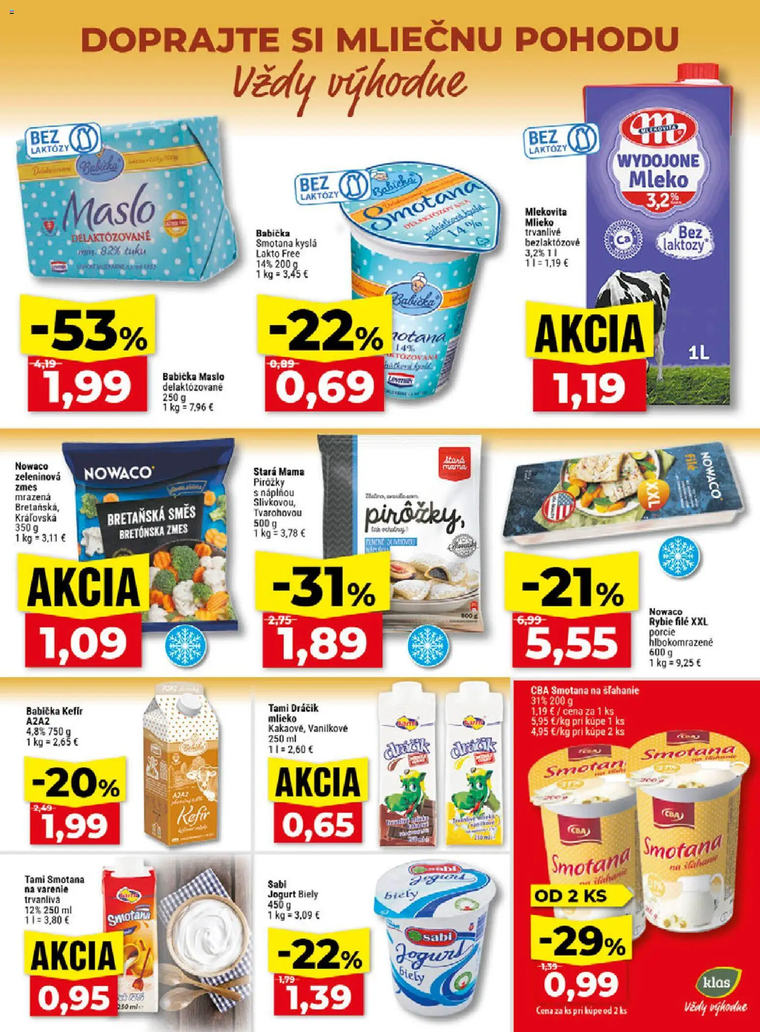 Náhľad Klas letáku platného od 02.11.2026 - Maslo, Mlieko, Kefír, Smotana na varenie, Jogurt, Rybie filé, Smotana, Filé