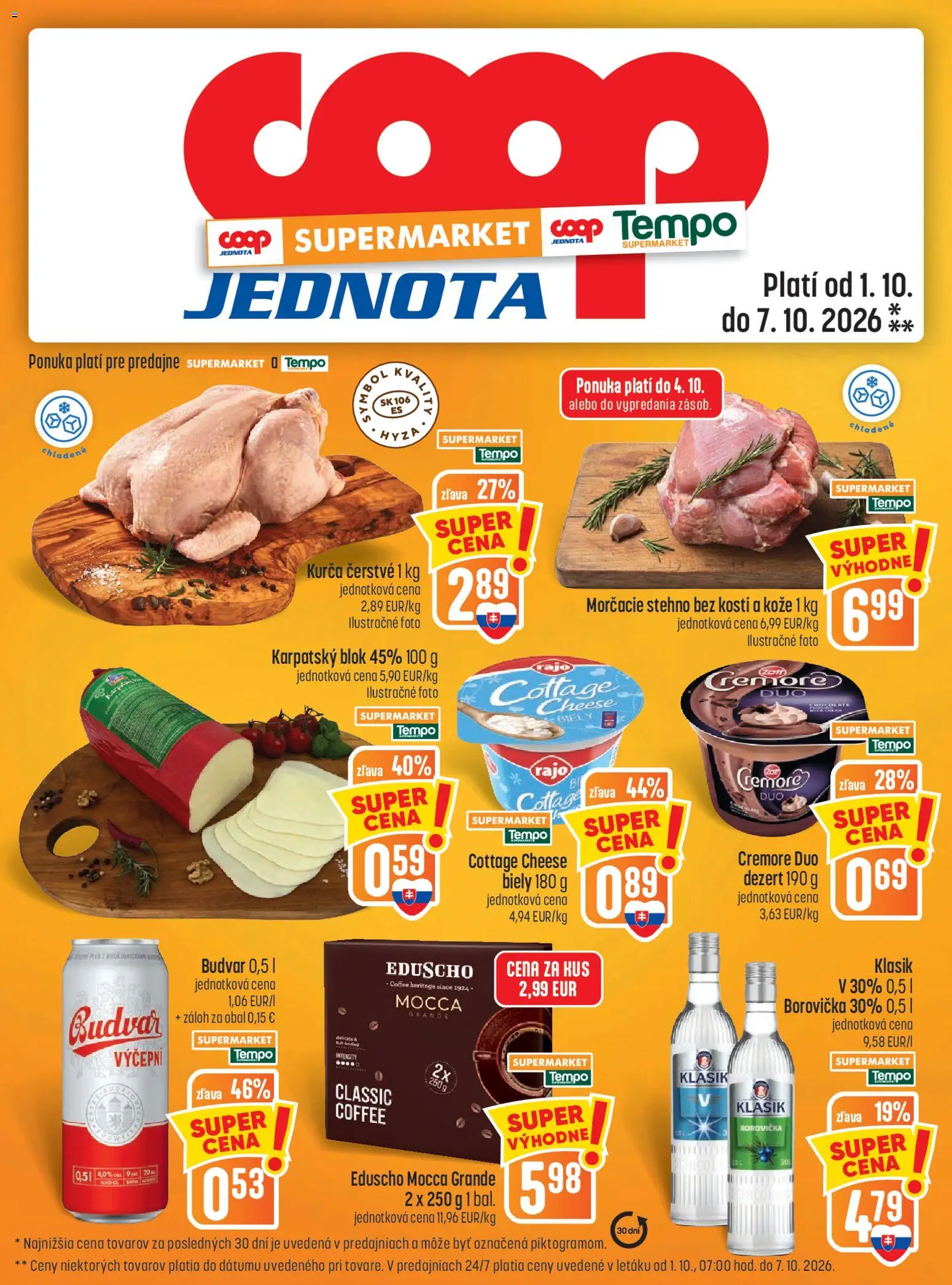 Náhľad COOP Jednota letáku platného od 01.10.2026 - Borovička, Cottage cheese, Dezert, Budvar, Kurča