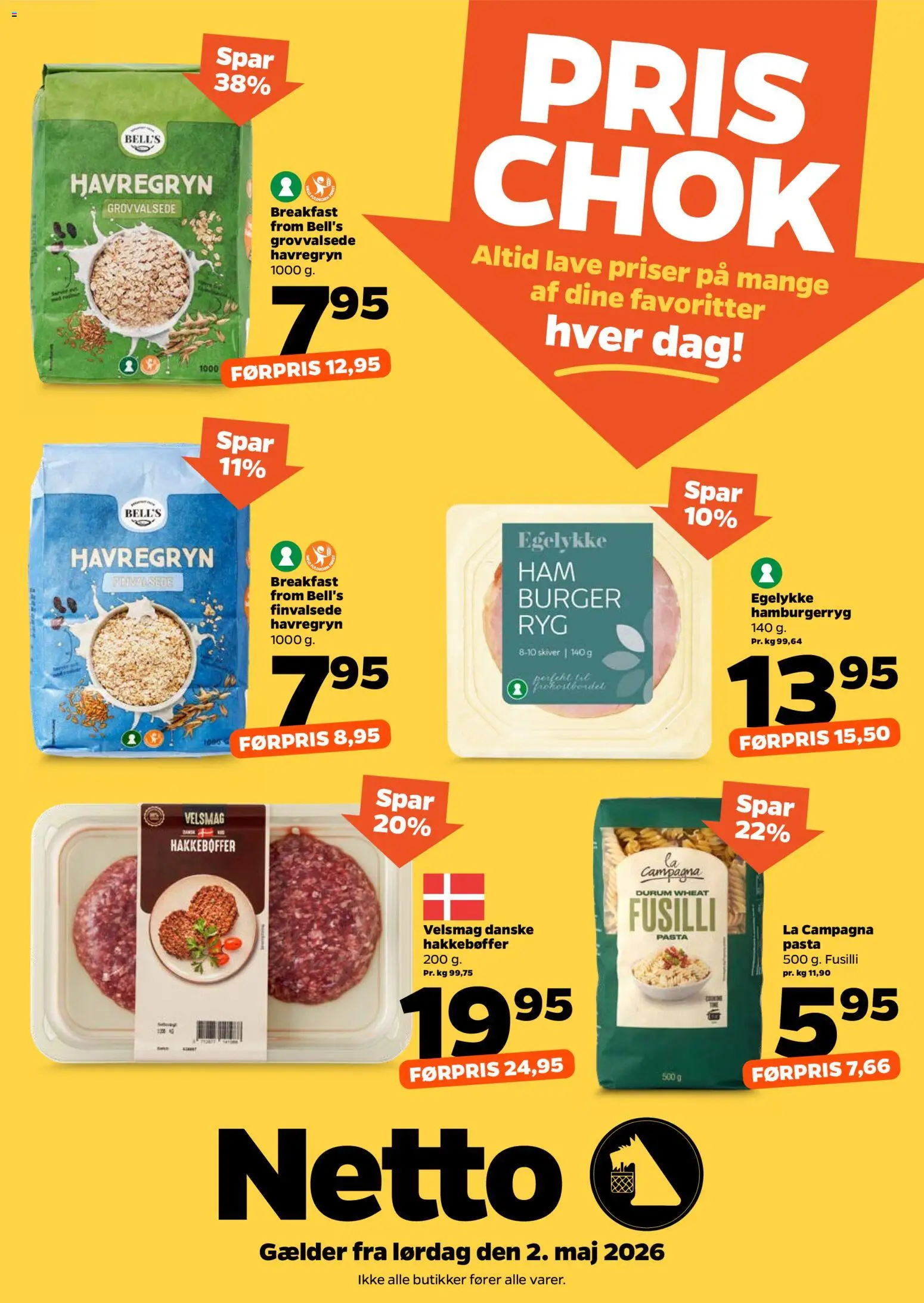 Eksempel på tilbudsavis Netto - PRIS CHOK på masser af hverdagsfavoritter fra butik Netto gyldig fra 02/05/2026 - Pasta, Hamburgerryg, Havregryn