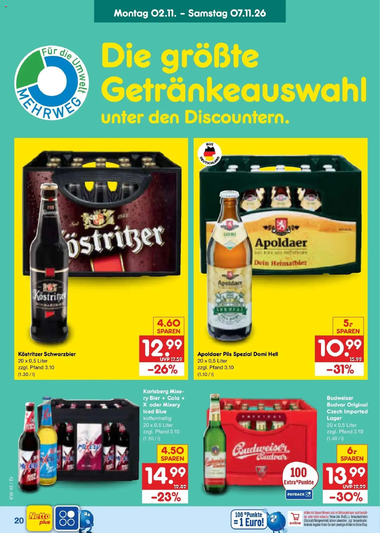 Vorschau von dem Prospekt des Geschäftes Netto Marken-Discount, gültig ab dem 02.11.2026 - Bier, Cola, Budweiser, Mixery, Pils, Kostritzer