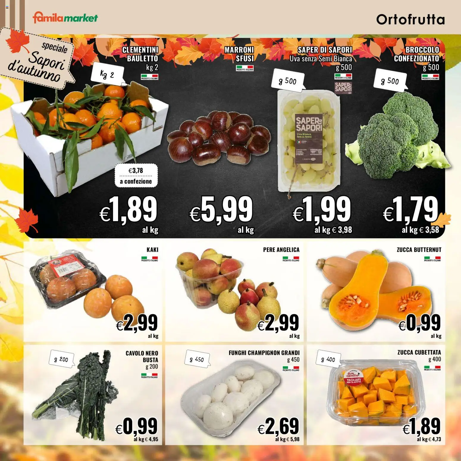 Anteprima dell'opuscolo Famila volantino Market dal negozio Famila valido da 29/10/2026 - Funghi, Zucca, Cavolo, Uva, Zucca butternut, Pere, Uva senza semi