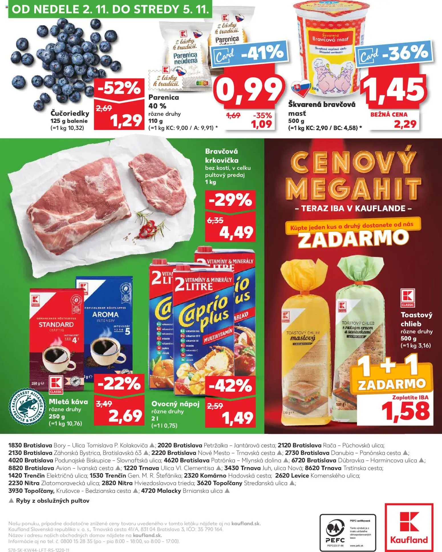 Náhľad Kaufland letáku platného od 30.10.2025 - Káva, Ryby, Čučoriedky, Chlieb, Krkovička, Bravčová krkovička