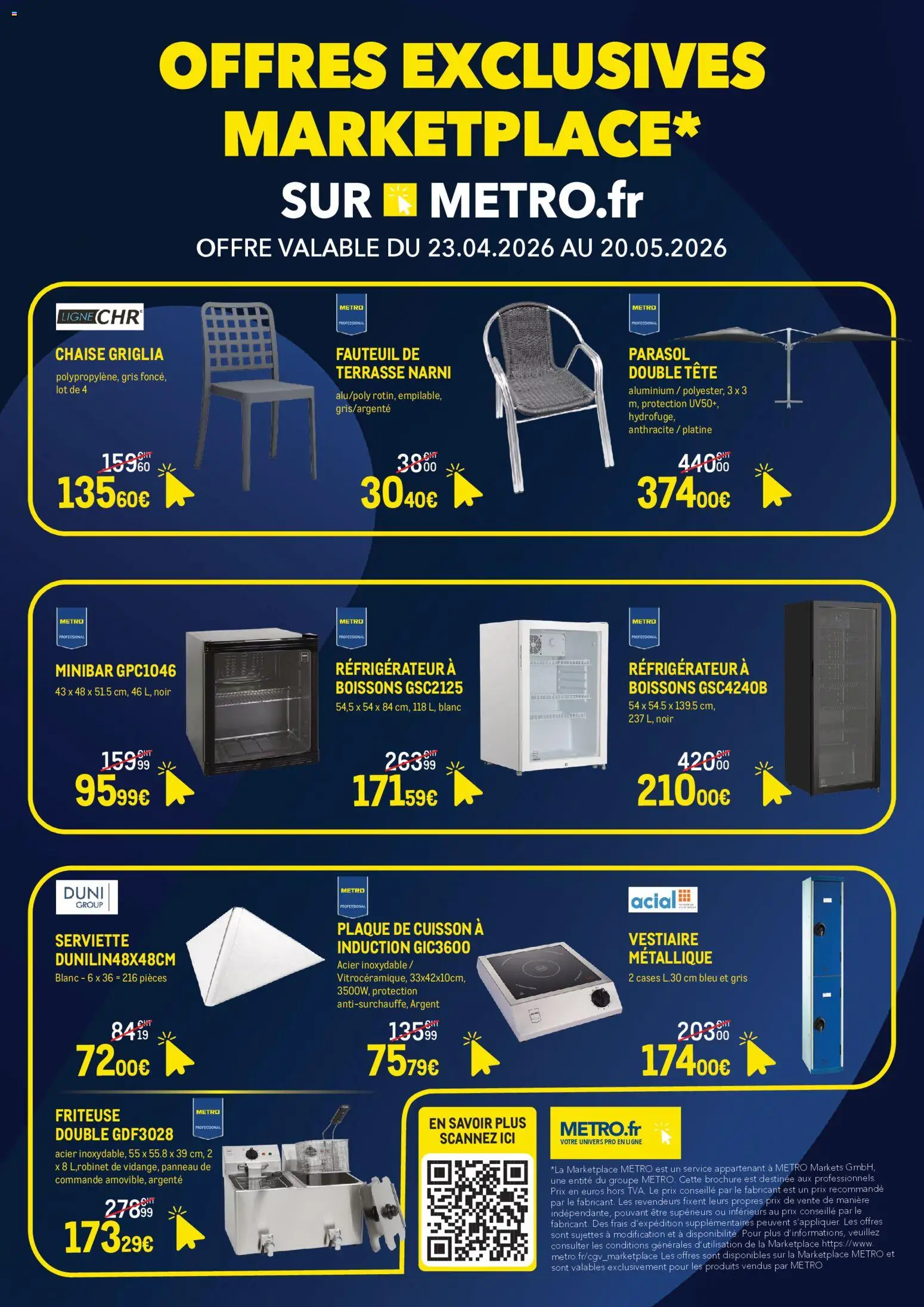 Prévisualisation de METRO Offres Exclusives Marketplace du magasin METRO formulaire valide 23/04/2026 - Fauteuil, Réfrigérateur, Chaise, Parasol, Plaque de cuisson, Friteuse, Boissons