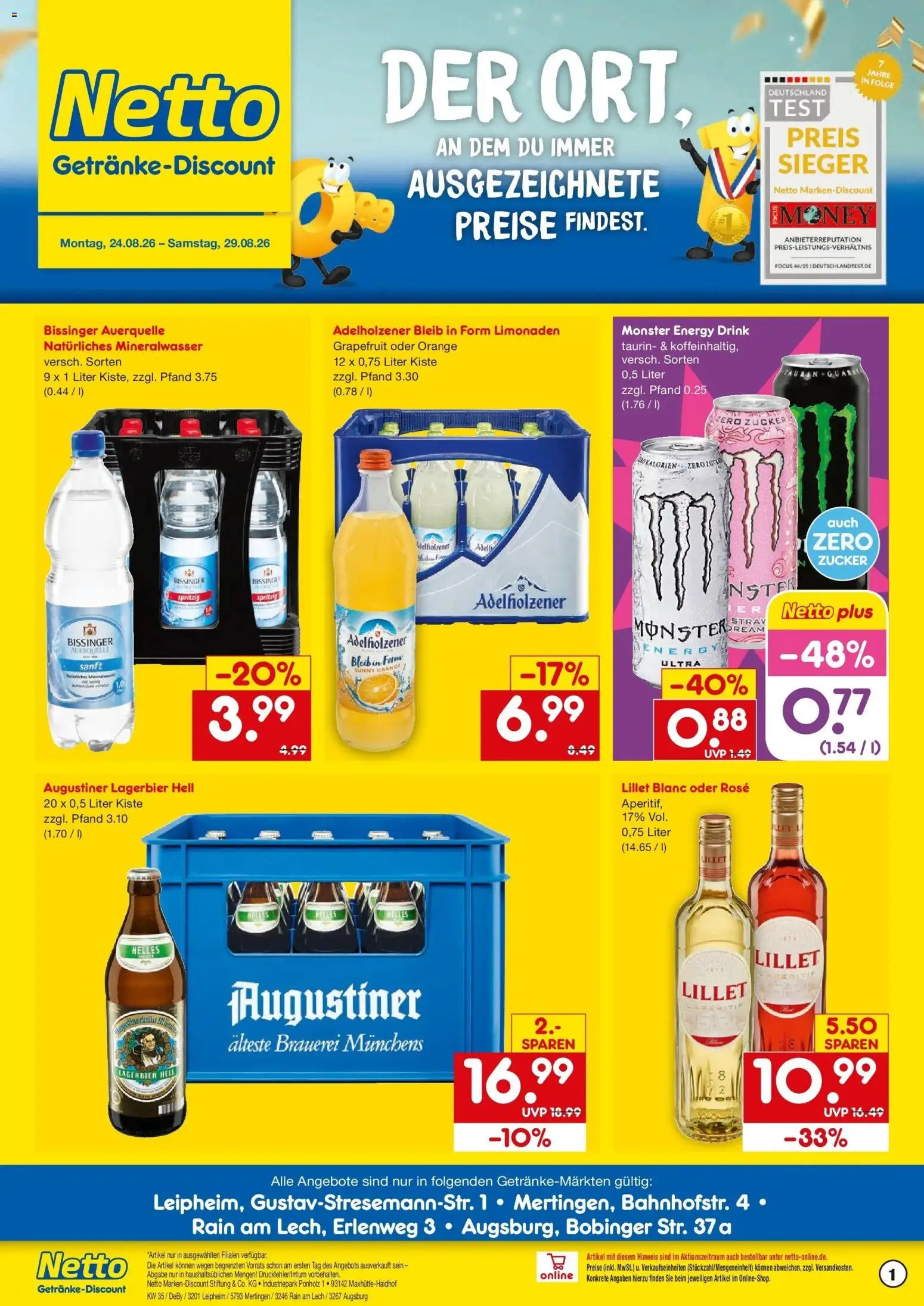 Vorschau von dem Prospekt des Geschäftes Netto Marken-Discount, gültig ab dem 24.08.2026 - Lillet, Monster, Mineralwasser, Grapefruit, Zucker, Energy, Adelholzener