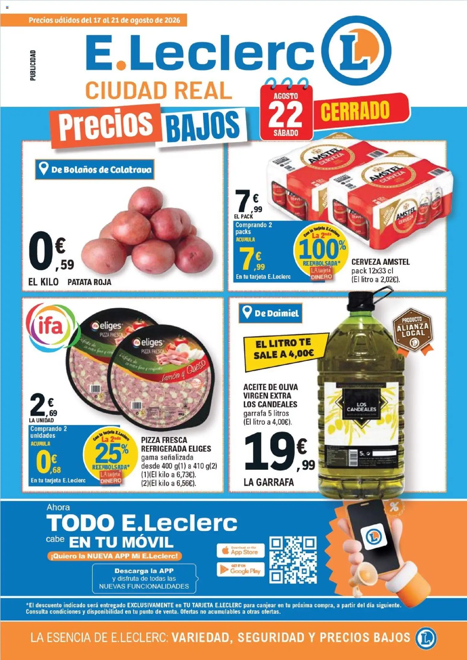Vista previa del folleto de la tienda E.Leclerc válido desde el 17/08/2026 - Pizza, Té, Móvil, Jamón, Queso, Cerveza, Aceite de oliva virgen extra, Patata roja