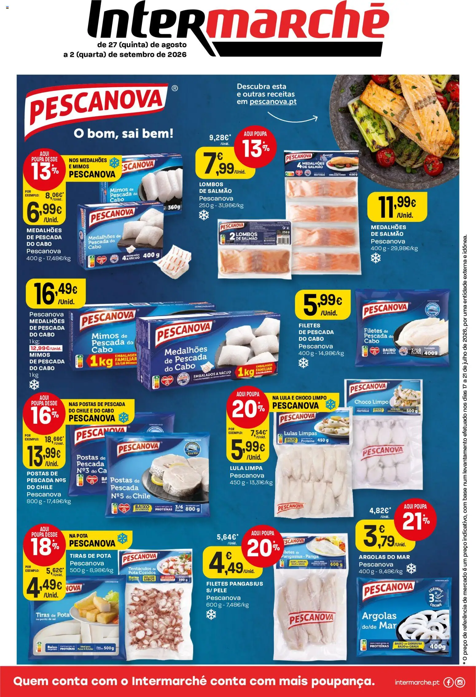 Pré-visualização do folheto da loja Intermarché válida a partir de 27/08/2026 - Lulas, Base, Sal, Proteina, Pescada, Salmão, Pó, Cabo