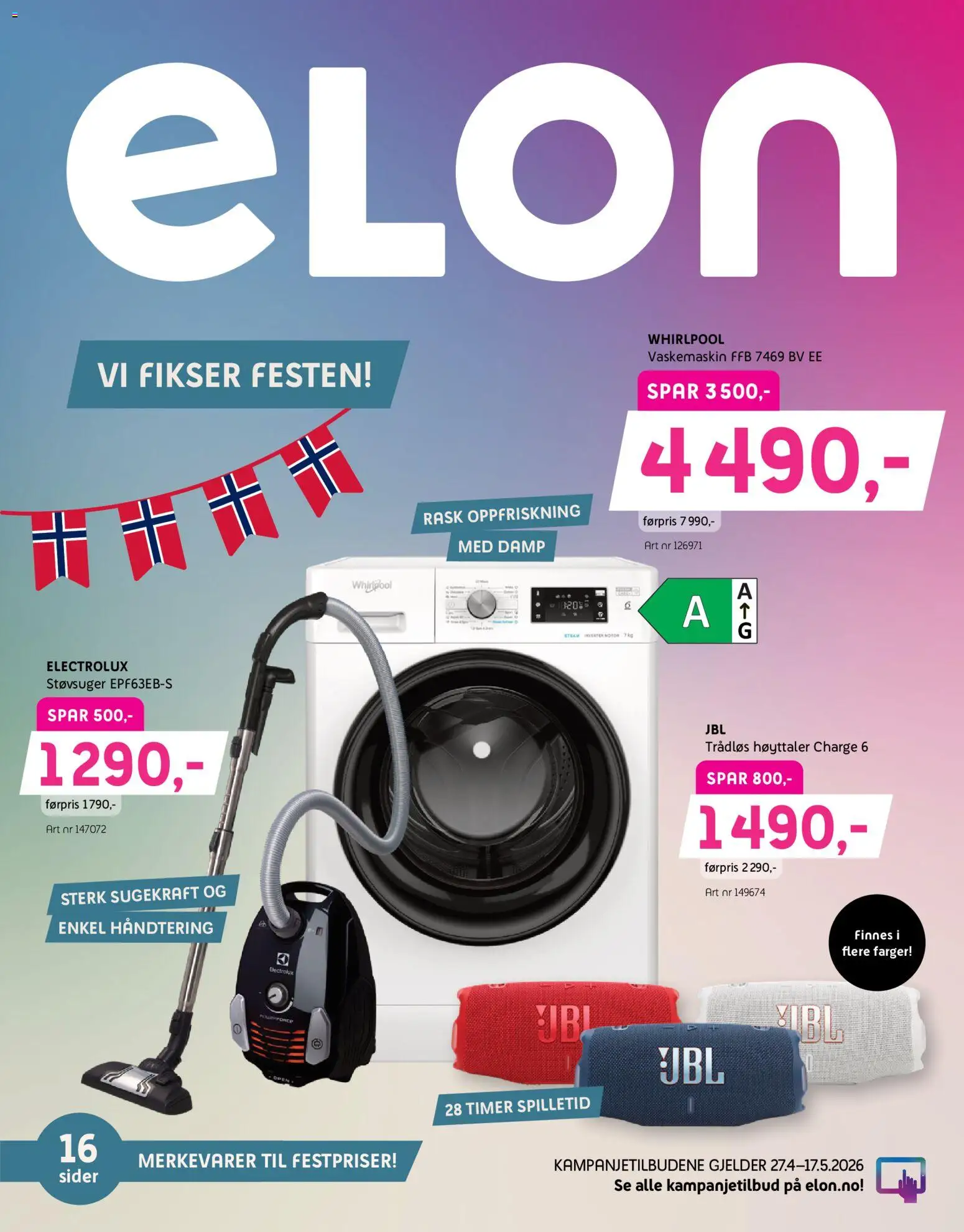 Forhåndsvis Elon kundeavis fra butikk Elon gyldig fra 27/04/2026 - Høyttaler, Vaskemaskin, Støvsuger