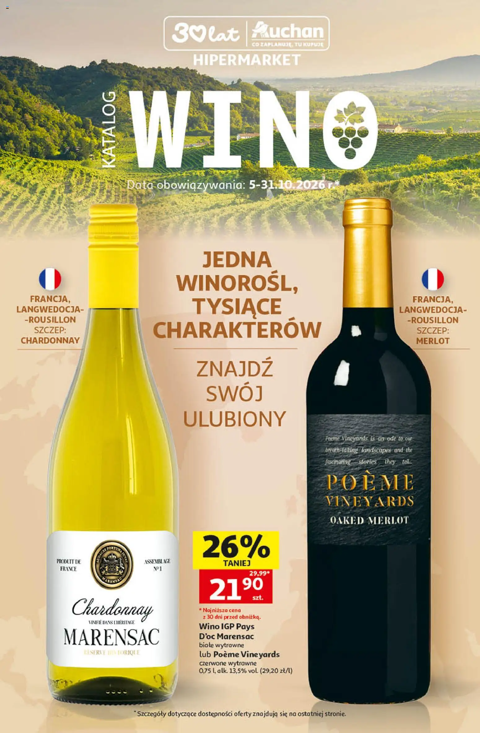 Pogląd gazetki "Auchan gazetka - Katalog Wino" ze sklepu Auchan ważnej od 05.10.2026 - Wino, Chardonnay, Merlot
