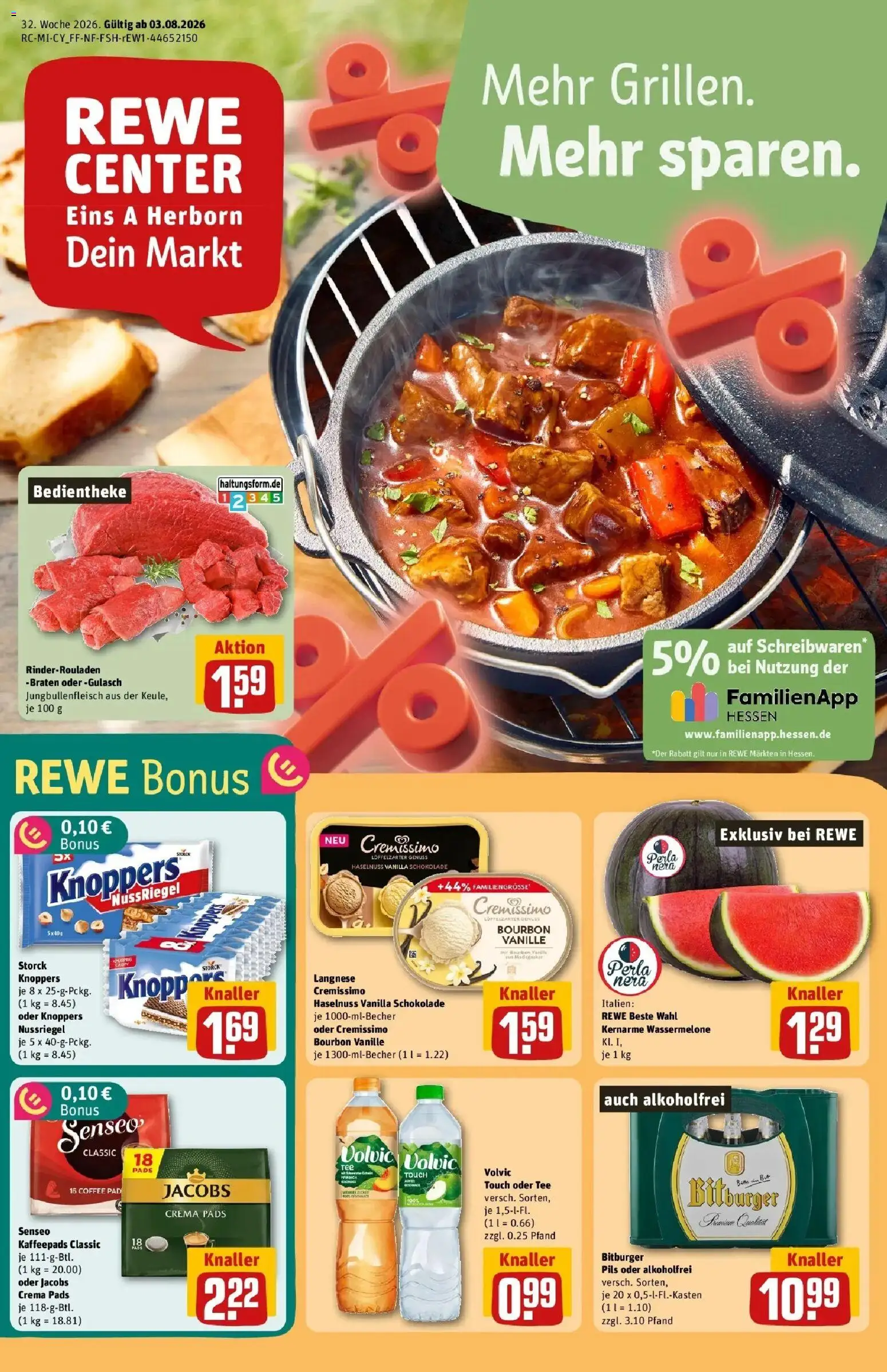 Vorschau von dem Prospekt des Geschäftes Rewe, gültig ab dem 03.08.2026 - Schokolade, Tee, Rinderrouladen, Wassermelone, Senseo, Bitburger, Langnese, Kaffeepads