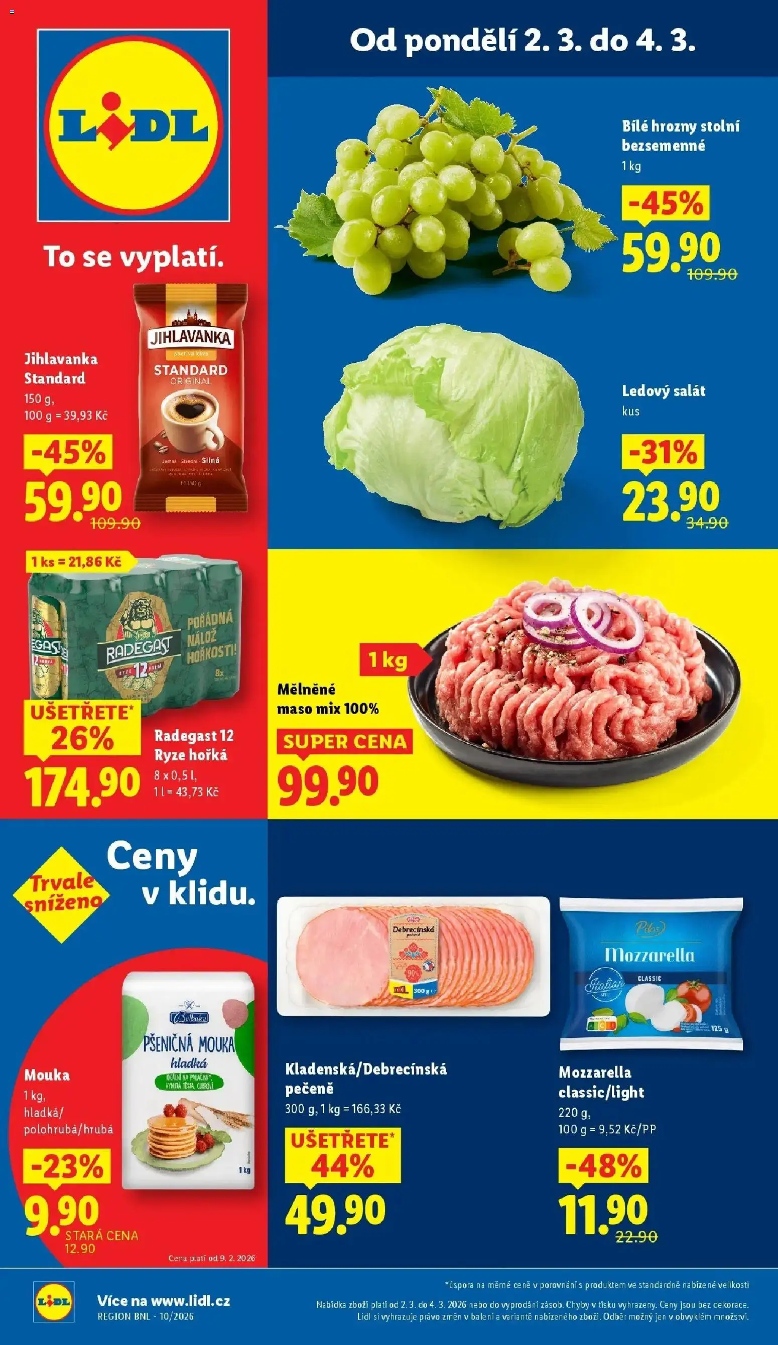 Náhled nabídky: Lidl Lidl aktuální leták platný od 02.03.2026 - Káva, Maso, Cukroví, Mozzarella, Radegast 12, Jihlavanka, Káva Standard, Bílé hrozny