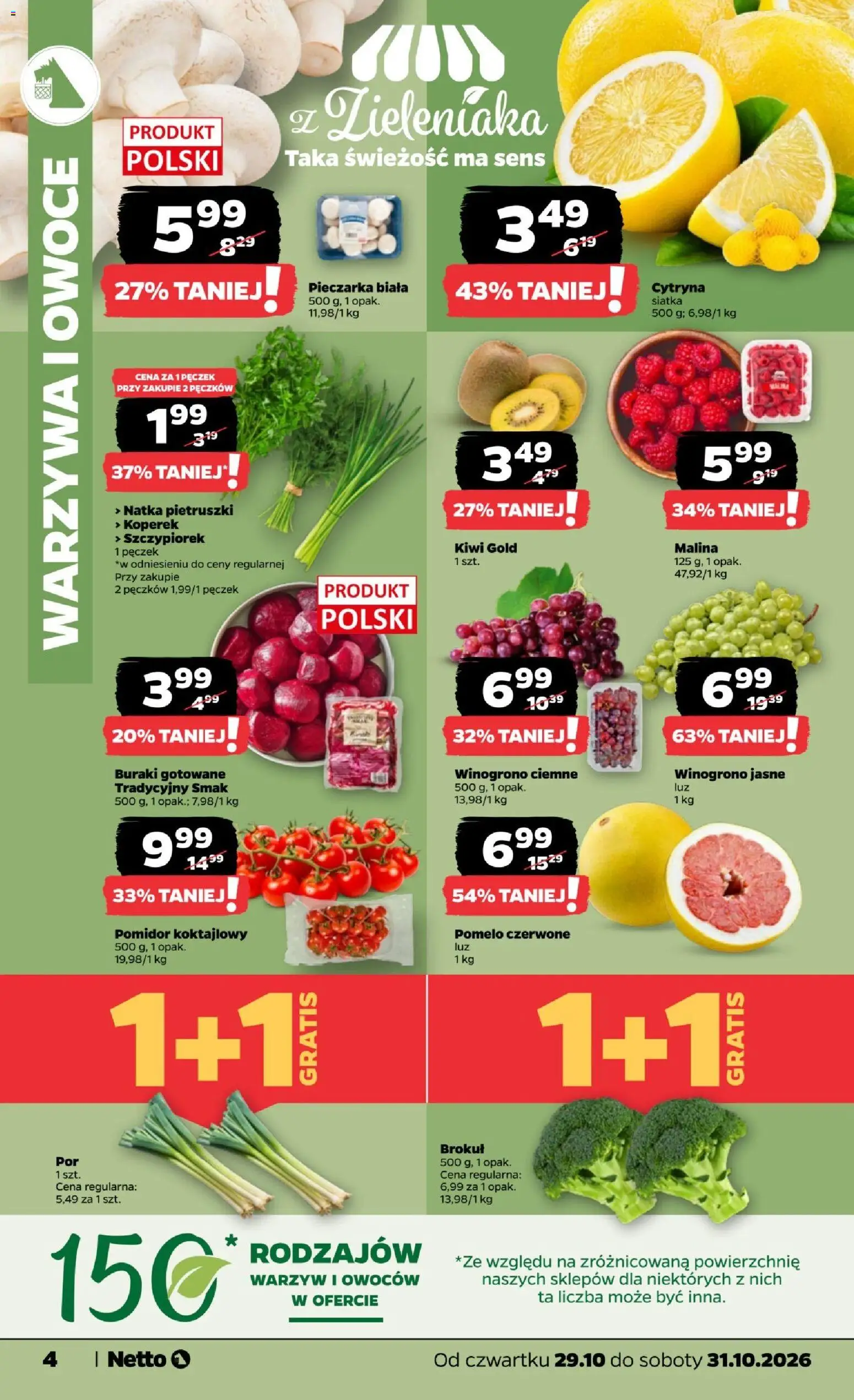 Pogląd gazetki "Netto gazetka od czwartku" ze sklepu Netto ważnej od 29.10.2026 - Kiwi, Pomelo, Warzywa, Pomidor, Brokuł, Siatka, Natka pietruszki, Buraki
