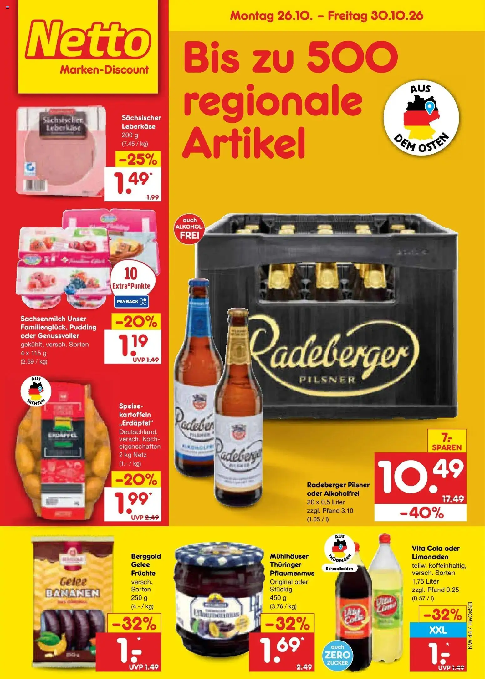 Vorschau von dem Prospekt des Geschäftes Netto Marken-Discount, gültig ab dem 26.10.2026 - Cola, Alkohol, Zucker, Pudding, Kartoffeln, Vita cola, Leberkase, Radeberger pilsner