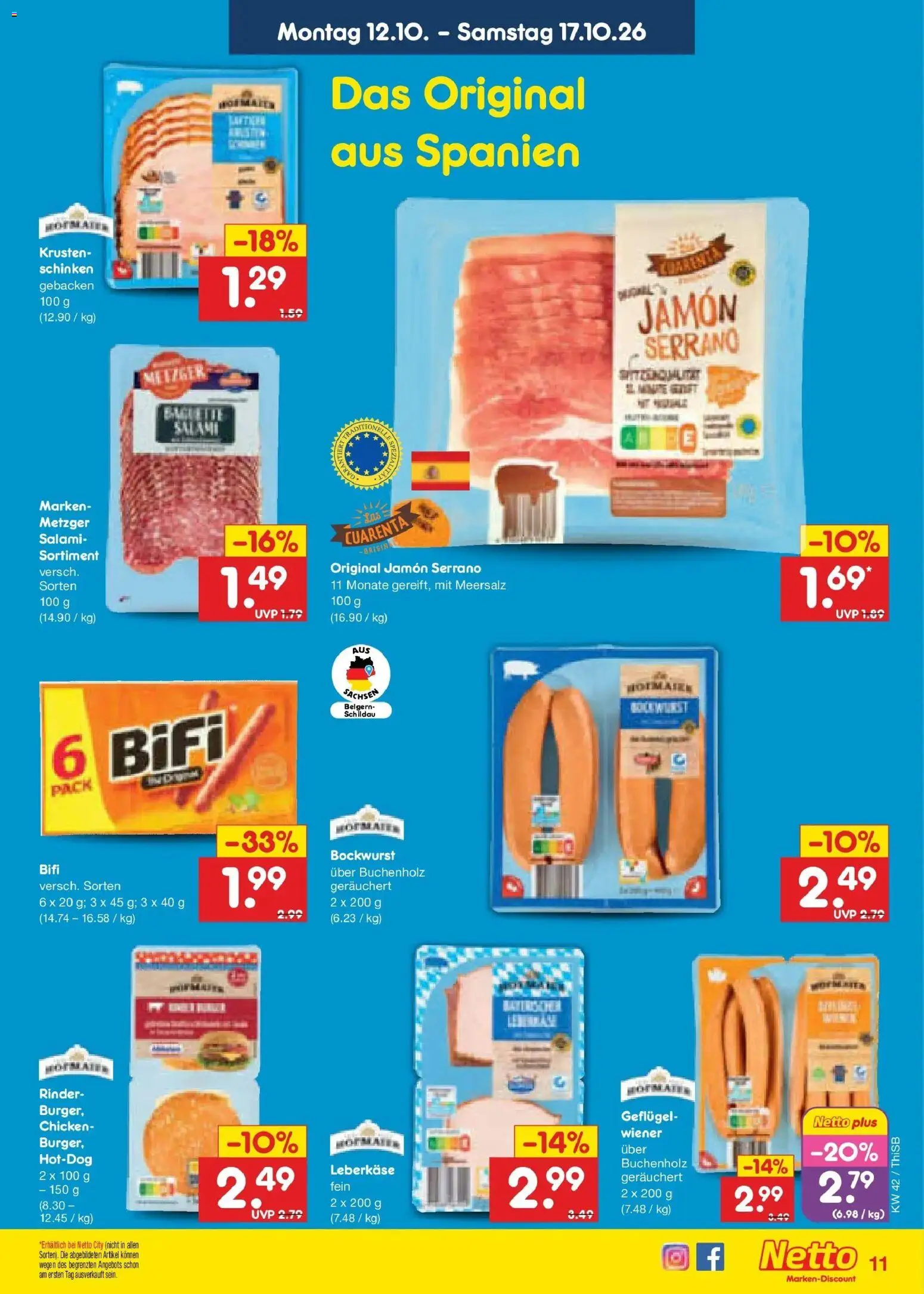 Vorschau von dem Prospekt des Geschäftes Netto Marken-Discount, gültig ab dem 12.10.2026 - Salami, Schinken, Bockwurst, Bifi, Leberkase